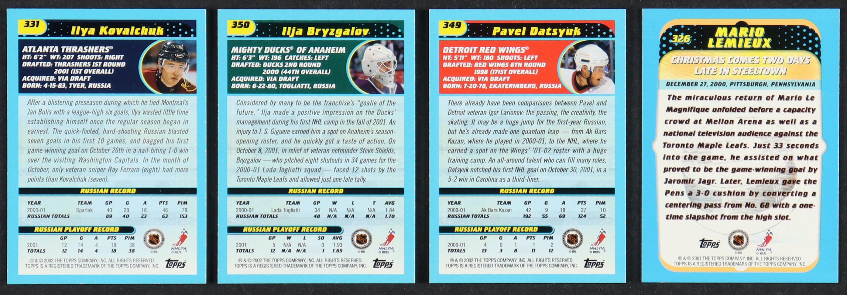 2001-02 Topps Complete Set of (360) Hockey Cards with Pavel Datsyuk #349, Ilja Bryzgalov #350, Ilya Kovalchuk #331, Mario Lemieux #326 & Full-Set Inserts at PristineAuction.com 2001-02 Topps Complete Set of (360) Hockey Cards with Pavel Datsyuk #349, Ilja Bryzgalov #350, Ilya Kovalchuk #331, Mario Lemieux #326 & Full-Set Inserts at PristineAuction.com