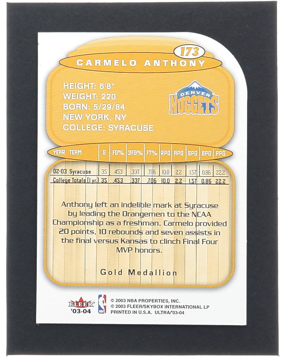 Carmelo Anthony 2003-04 Ultra Gold Medallion #173 L13 at PristineAuction.com Carmelo Anthony 2003-04 Ultra Gold Medallion #173 L13 at PristineAuction.com