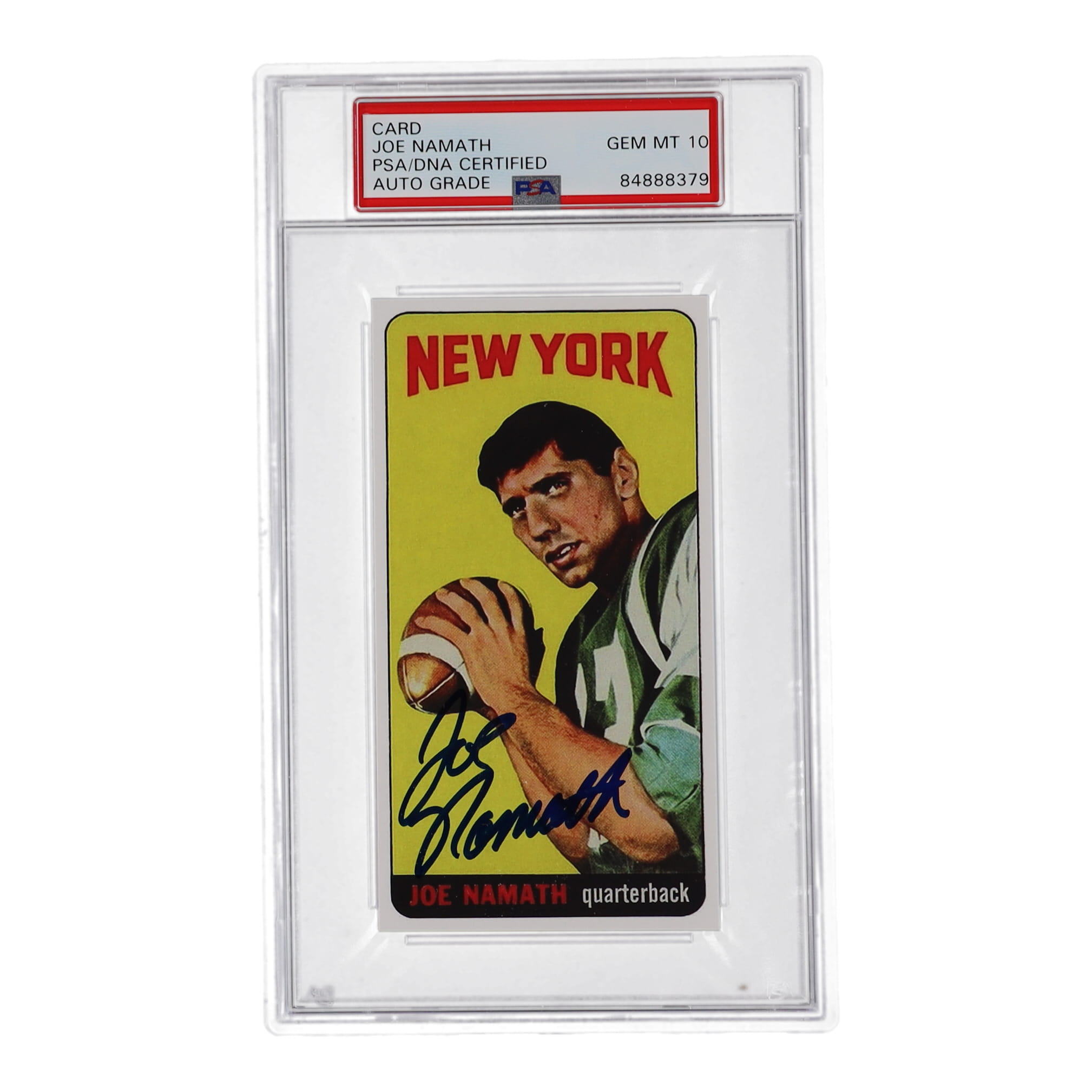 Joe Namath Signed 1965 Topps Namath #122 / 1971 Reprint (PSA | GEM MT 10) at PristineAuction.com Joe Namath Signed 1965 Topps Namath #122 / 1971 Reprint (PSA | GEM MT 10) at PristineAuction.com
