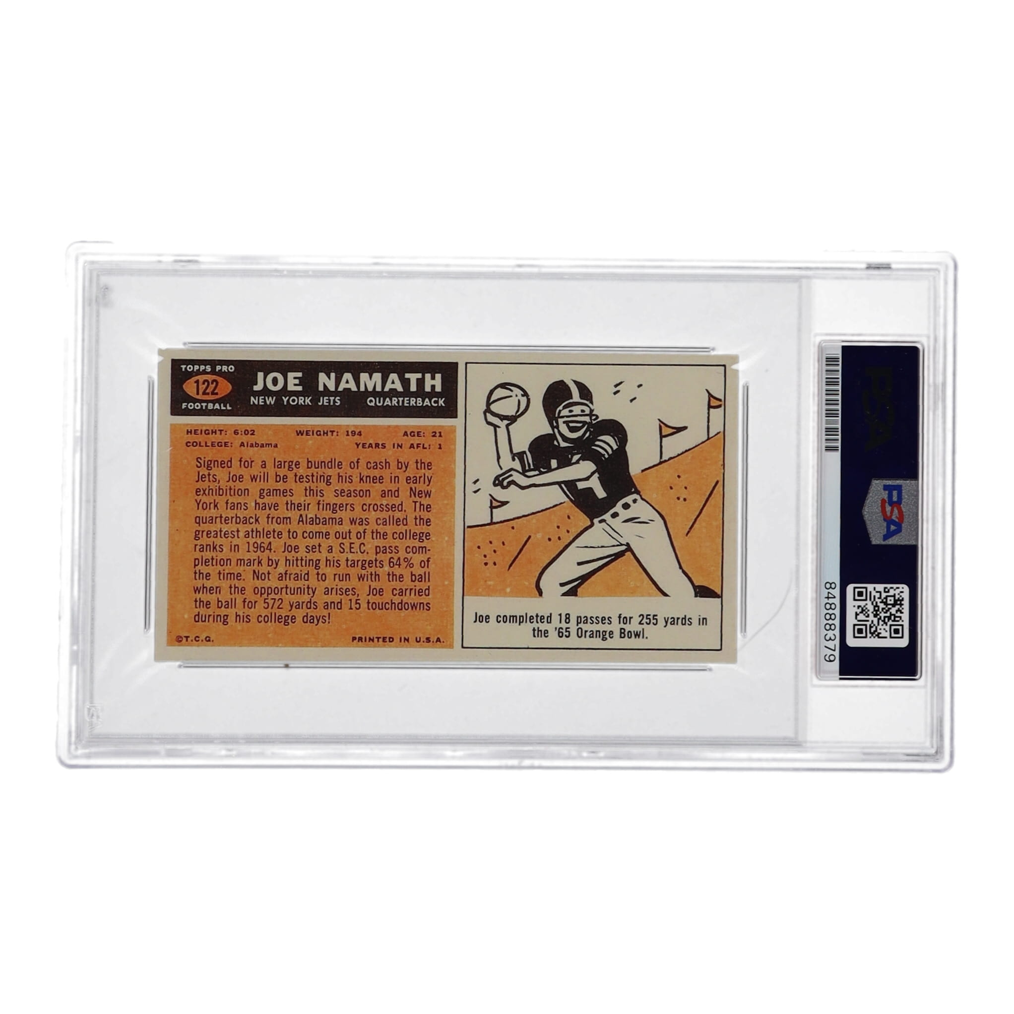 Joe Namath Signed 1965 Topps Namath #122 / 1971 Reprint (PSA | GEM MT 10) at PristineAuction.com Joe Namath Signed 1965 Topps Namath #122 / 1971 Reprint (PSA | GEM MT 10) at PristineAuction.com