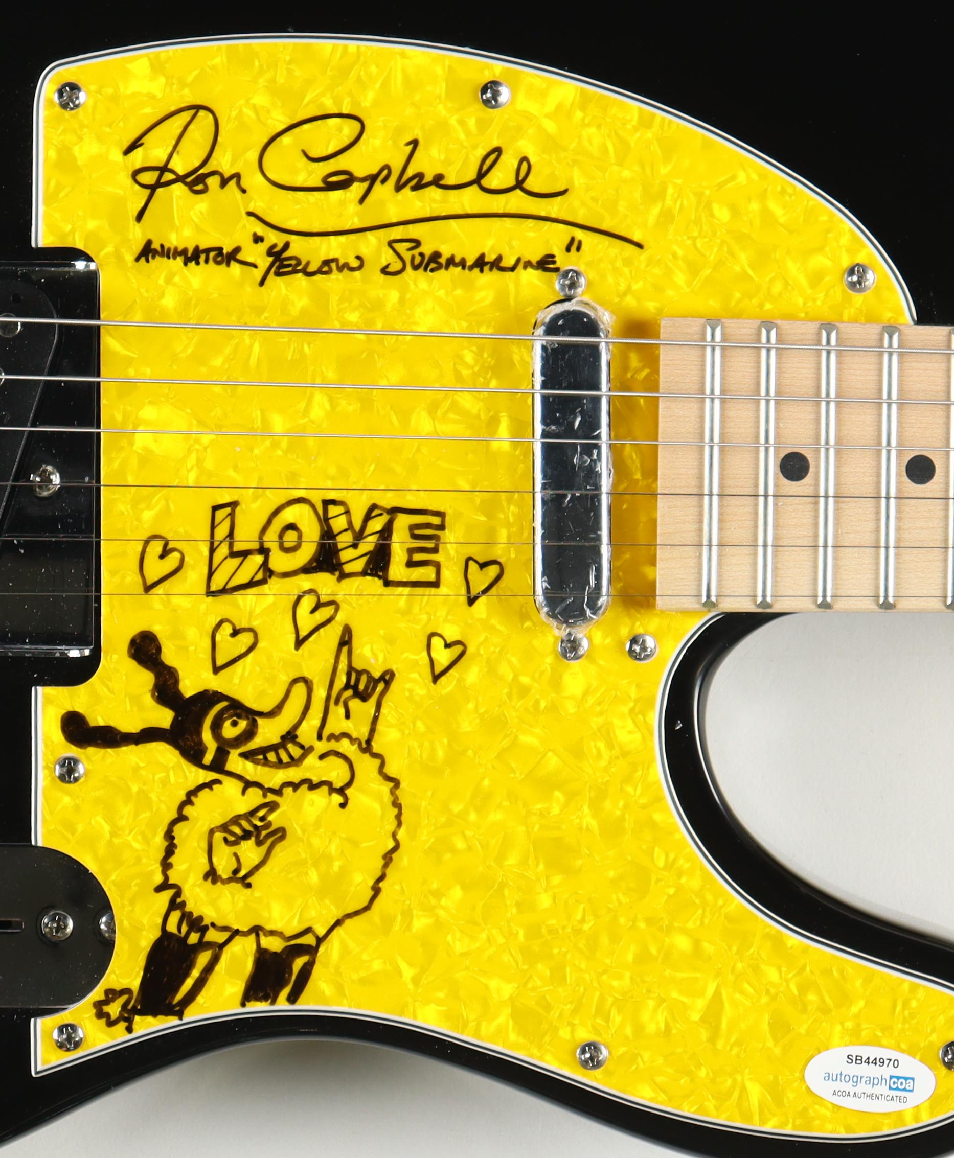 Ron Campbell Signed "Beatles: Yellow Submarine" Full-Size Electric Guitar With Hand-Drawn Character Sketch Inscribed "Animator "Yellow Submarine" (AutographCOA) at PristineAuction.com Ron Campbell Signed "Beatles: Yellow Submarine" Full-Size Electric Guitar With Hand-Drawn Character Sketch Inscribed "Animator "Yellow Submarine" (AutographCOA) at PristineAuction.com