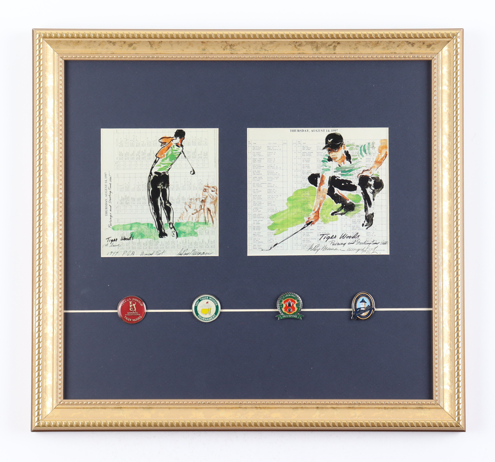 LeRoy Neiman Tiger Woods Custom Framed (2) Scorecard Print Display With (4) Course Championship Pins at PristineAuction.com LeRoy Neiman Tiger Woods Custom Framed (2) Scorecard Print Display With (4) Course Championship Pins at PristineAuction.com