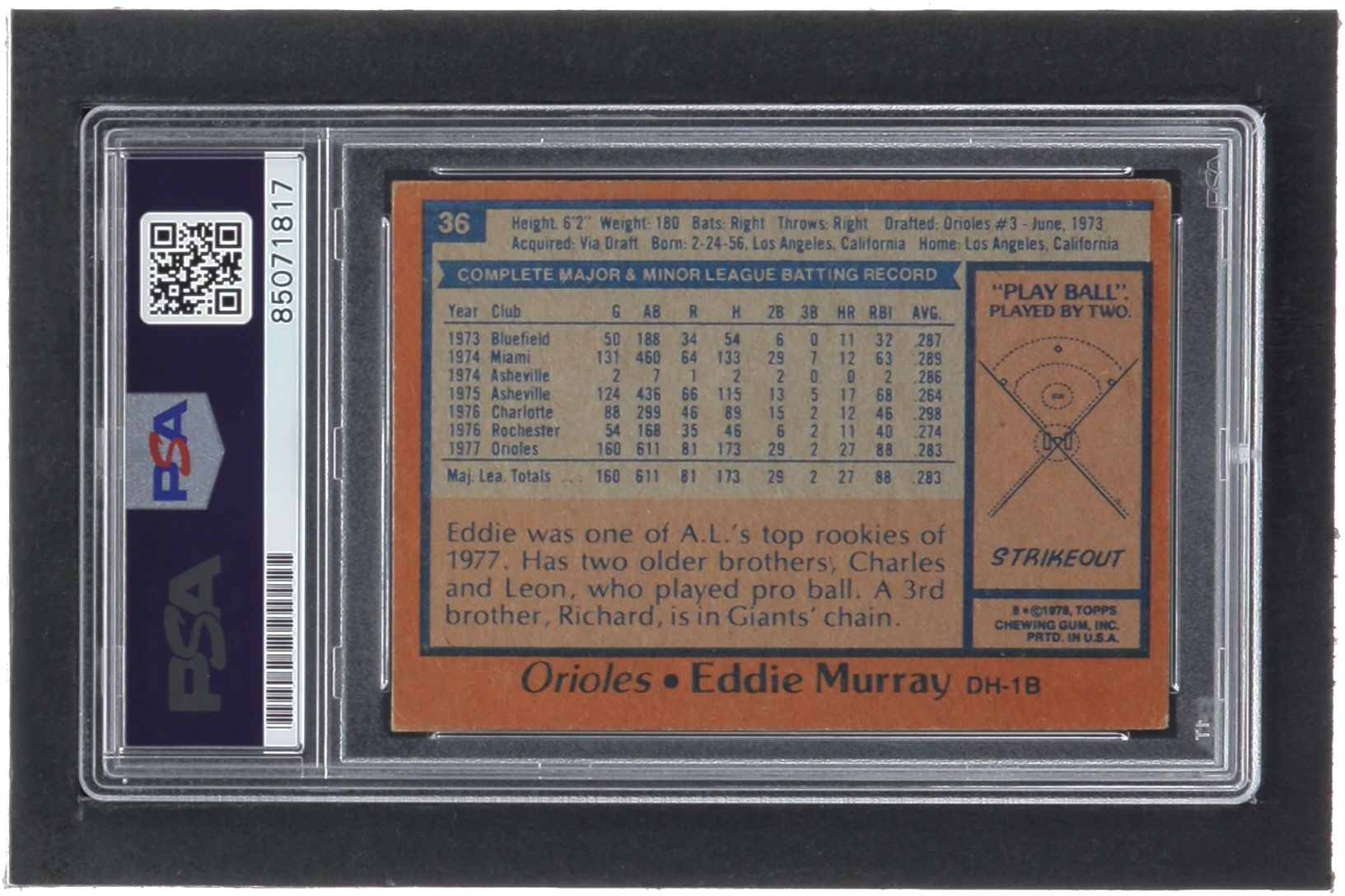 Eddie Murray Signed 1978 Topps #36 RC (PSA) at PristineAuction.com Eddie Murray Signed 1978 Topps #36 RC (PSA) at PristineAuction.com