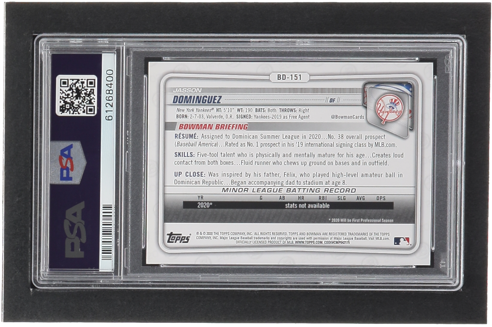 Jasson Dominguez 2020 Bowman Draft #BD151 RC (PSA 10) at PristineAuction.com Jasson Dominguez 2020 Bowman Draft #BD151 RC (PSA 10) at PristineAuction.com
