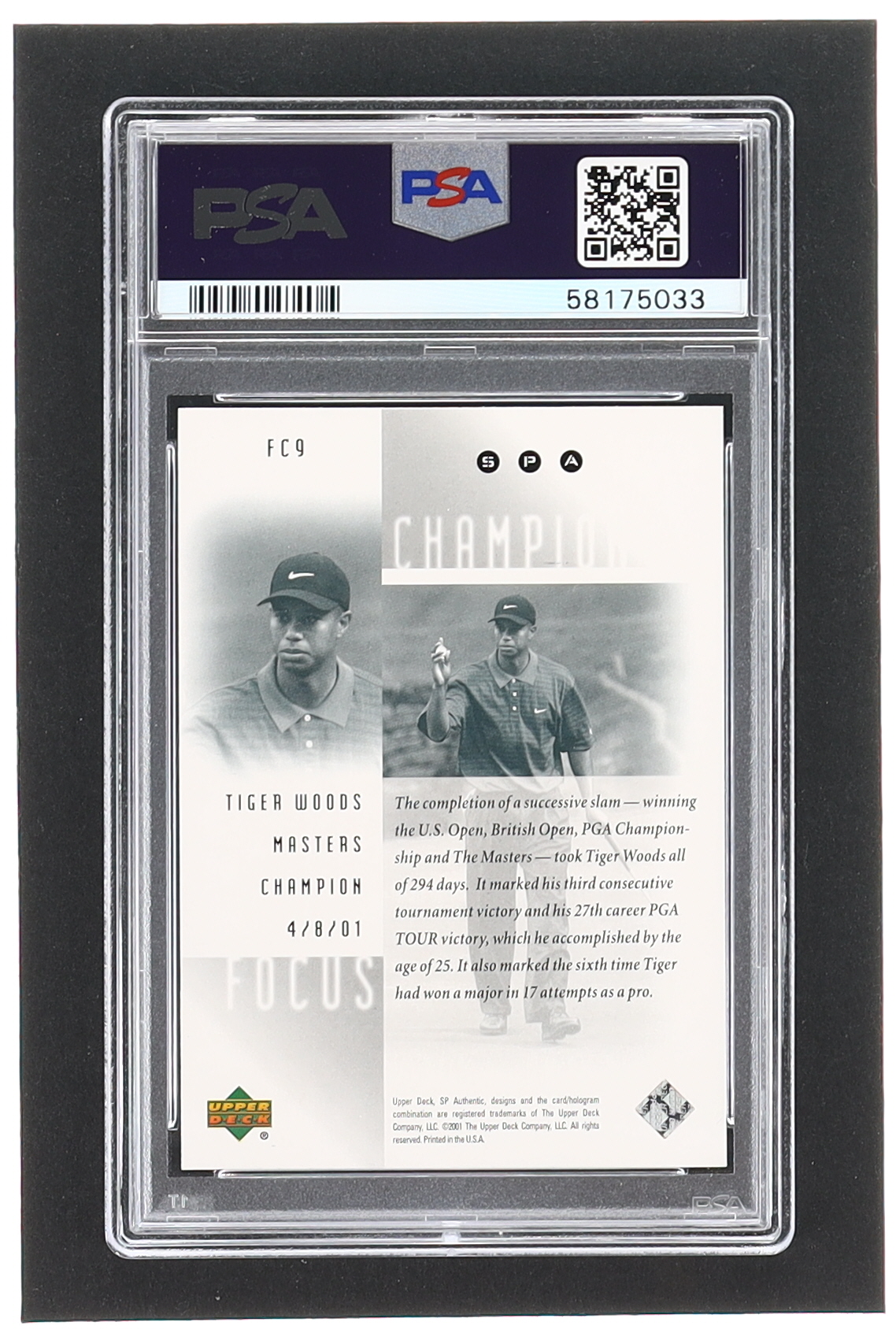 Tiger Woods 2001 SP Authentic Focus on a Champion #FC9 RC (PSA 9) at PristineAuction.com Tiger Woods 2001 SP Authentic Focus on a Champion #FC9 RC (PSA 9) at PristineAuction.com