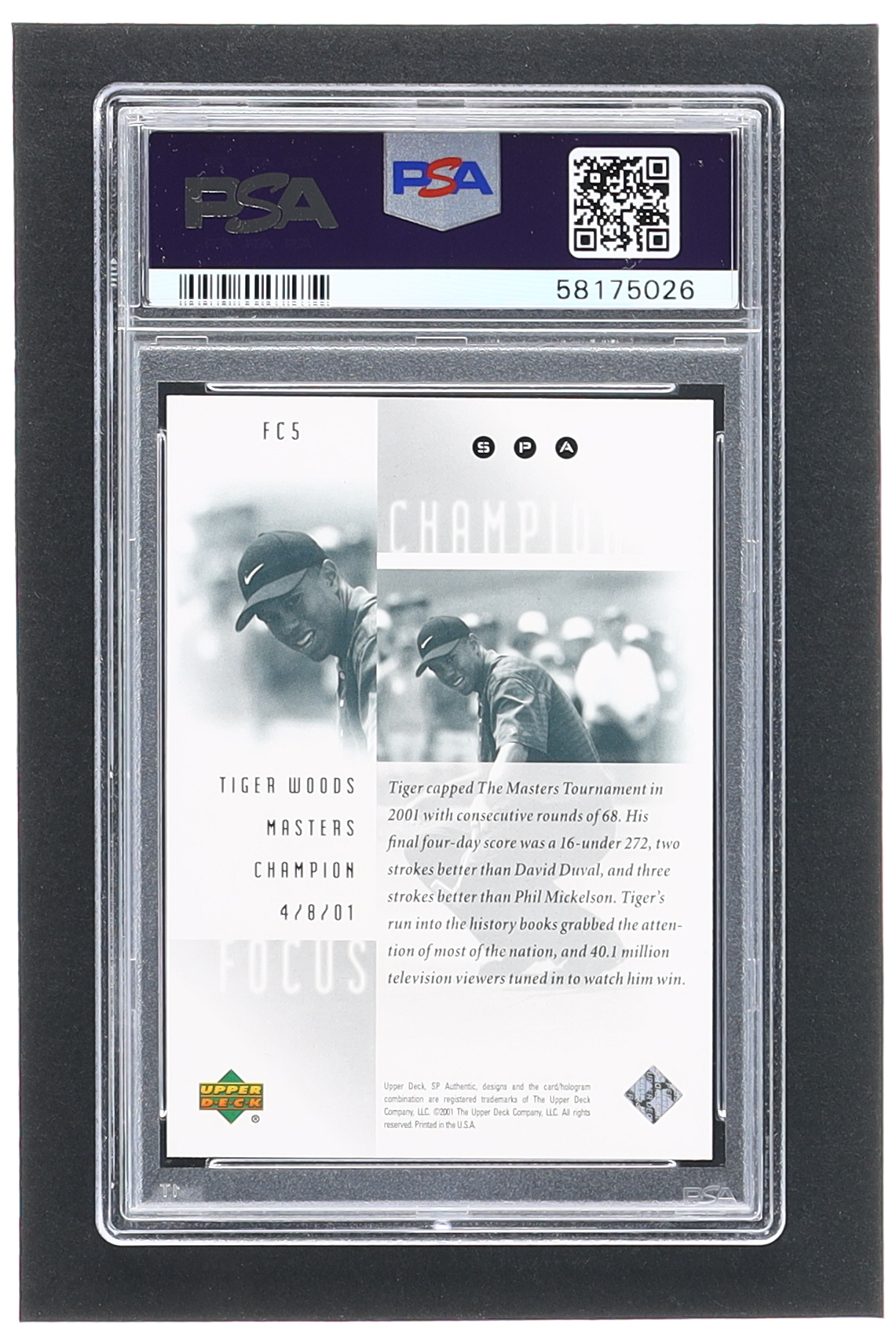 Tiger Woods 2001 SP Authentic Focus on a Champion #FC5 RC (PSA 9) at PristineAuction.com Tiger Woods 2001 SP Authentic Focus on a Champion #FC5 RC (PSA 9) at PristineAuction.com