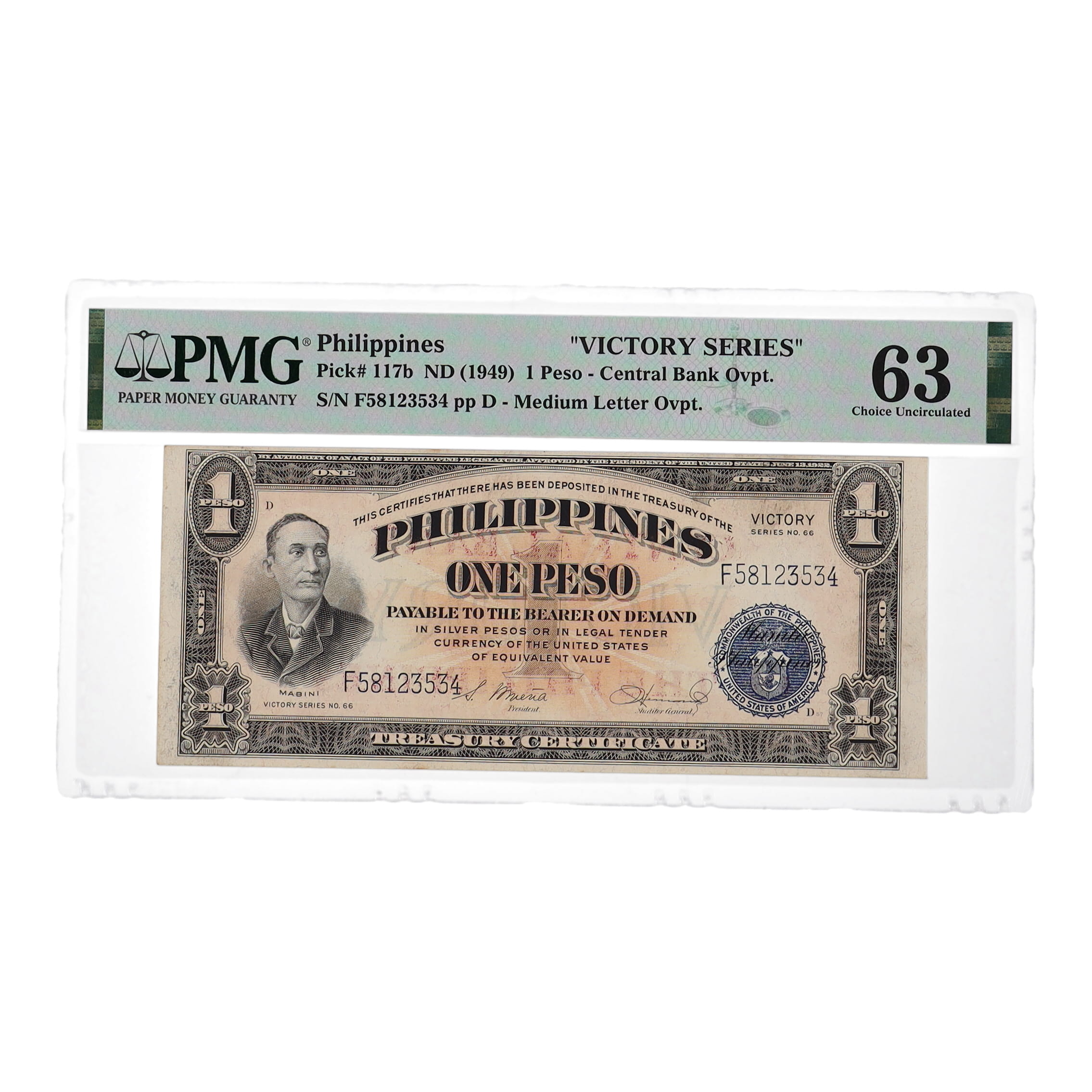 ND(1949) Philippines Central Bank "Victory Series" 1 Peso (PMG CHOICE UNC 63) at PristineAuction.com ND(1949) Philippines Central Bank "Victory Series" 1 Peso (PMG CHOICE UNC 63) at PristineAuction.com