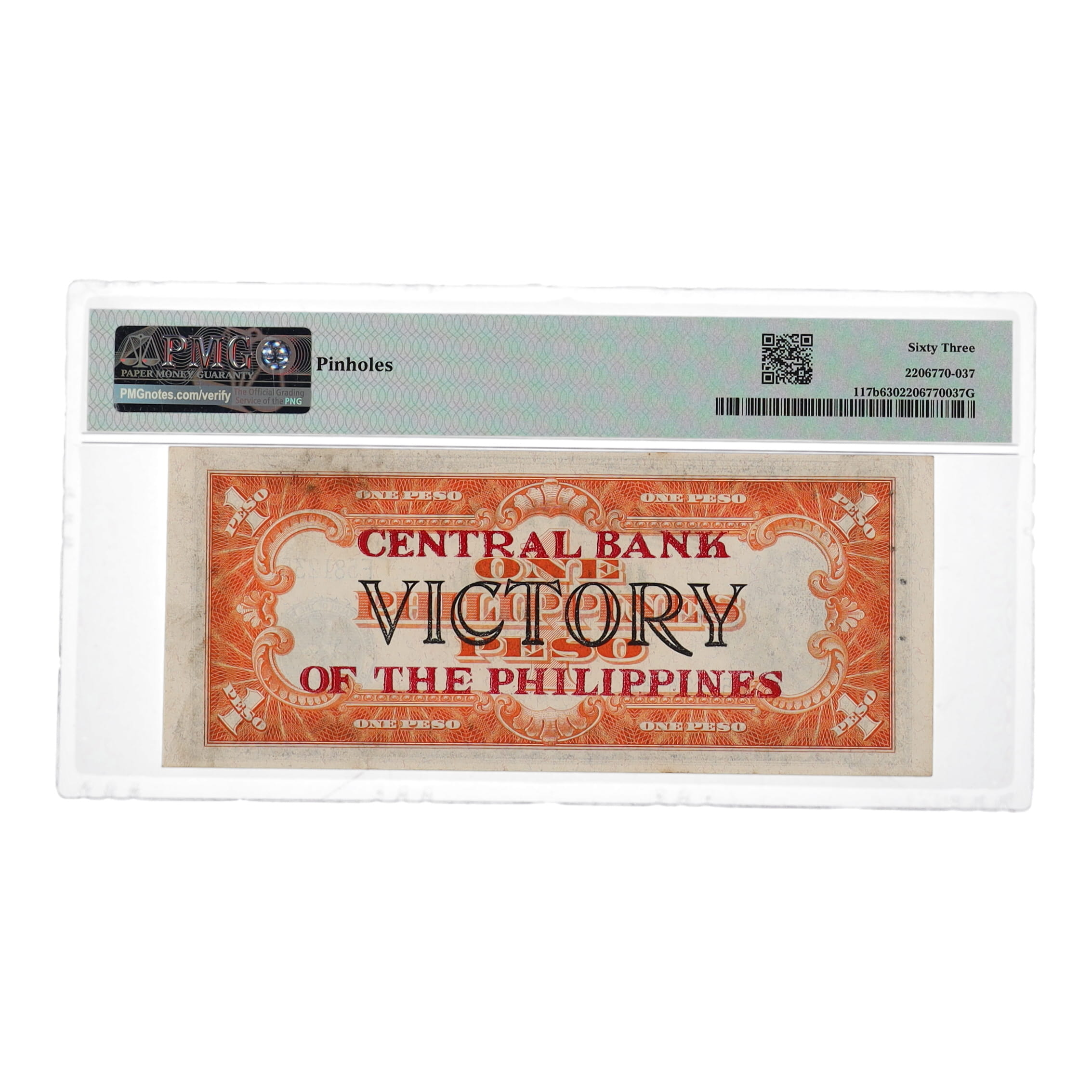 ND(1949) Philippines Central Bank "Victory Series" 1 Peso (PMG CHOICE UNC 63) at PristineAuction.com ND(1949) Philippines Central Bank "Victory Series" 1 Peso (PMG CHOICE UNC 63) at PristineAuction.com