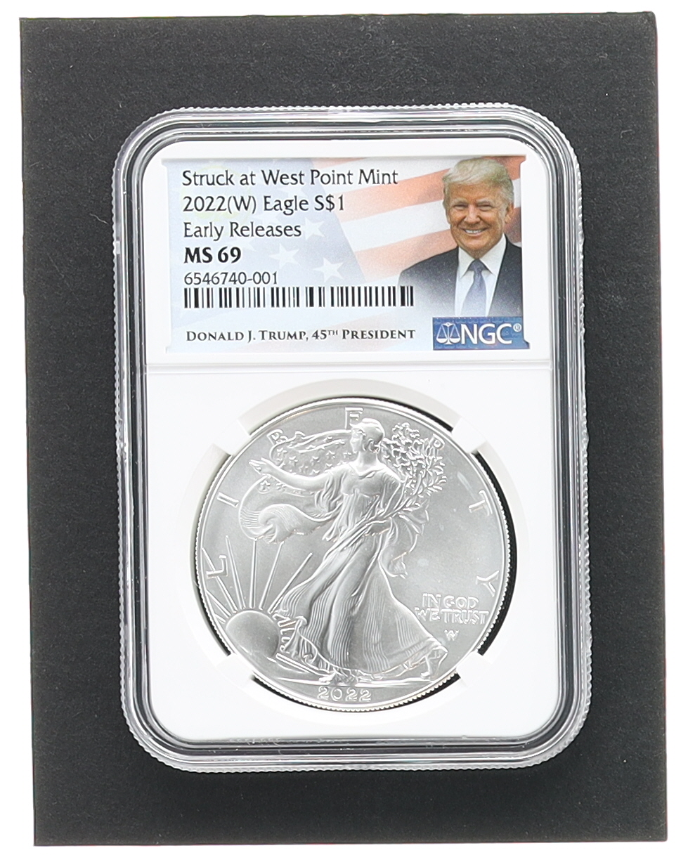 2022 American Silver Eagle - Early Releases - Struck at West Point - Trump Label (NGC MS69) at PristineAuction.com 2022 American Silver Eagle - Early Releases - Struck at West Point - Trump Label (NGC MS69) at PristineAuction.com