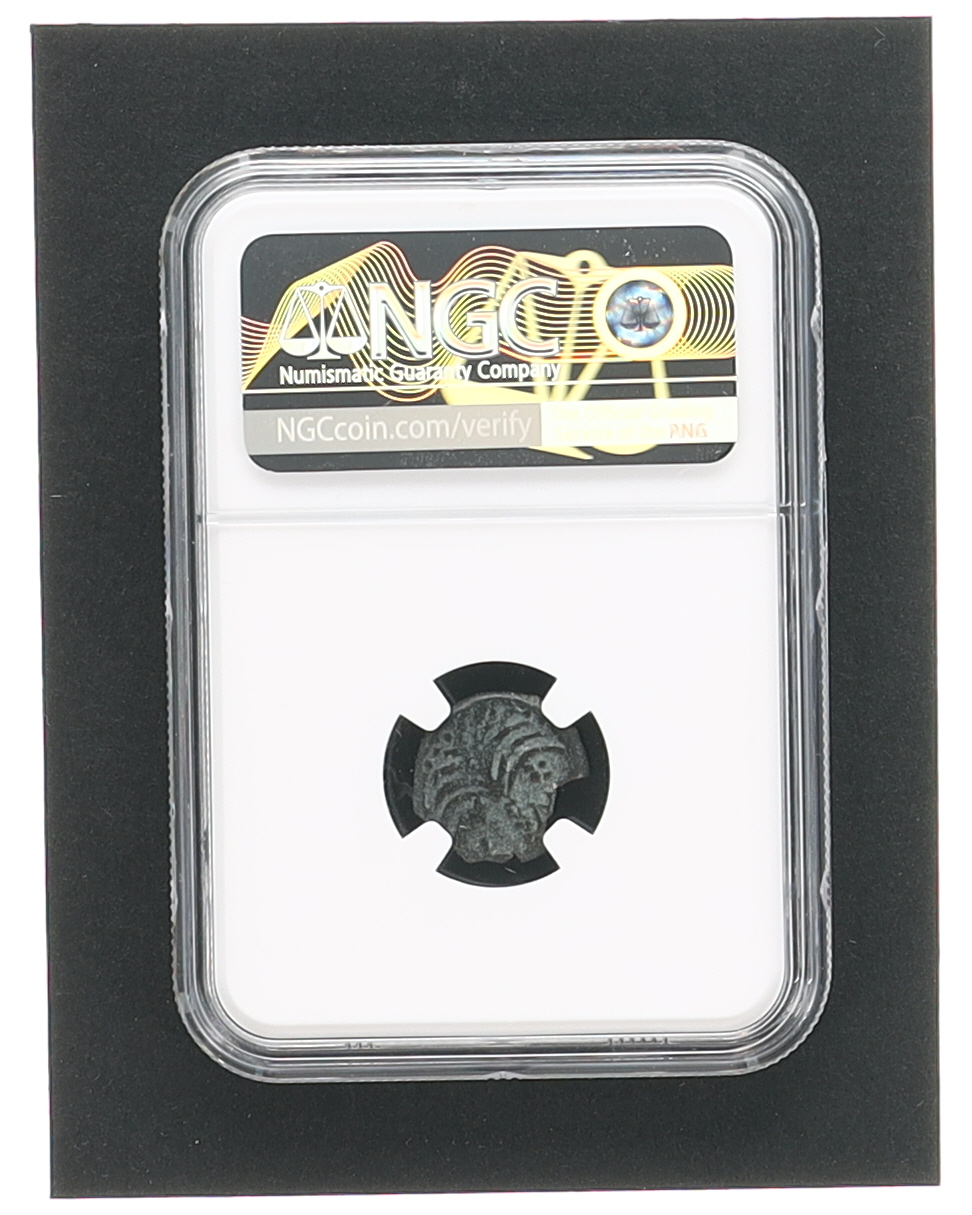 Judaea - Agrippa I, AD 37-44, AE Prutah, under Cladius, AD 41-42, obverse canopy, reverse barley ears (NGC F) at PristineAuction.com Judaea - Agrippa I, AD 37-44, AE Prutah, under Cladius, AD 41-42, obverse canopy, reverse barley ears (NGC F) at PristineAuction.com