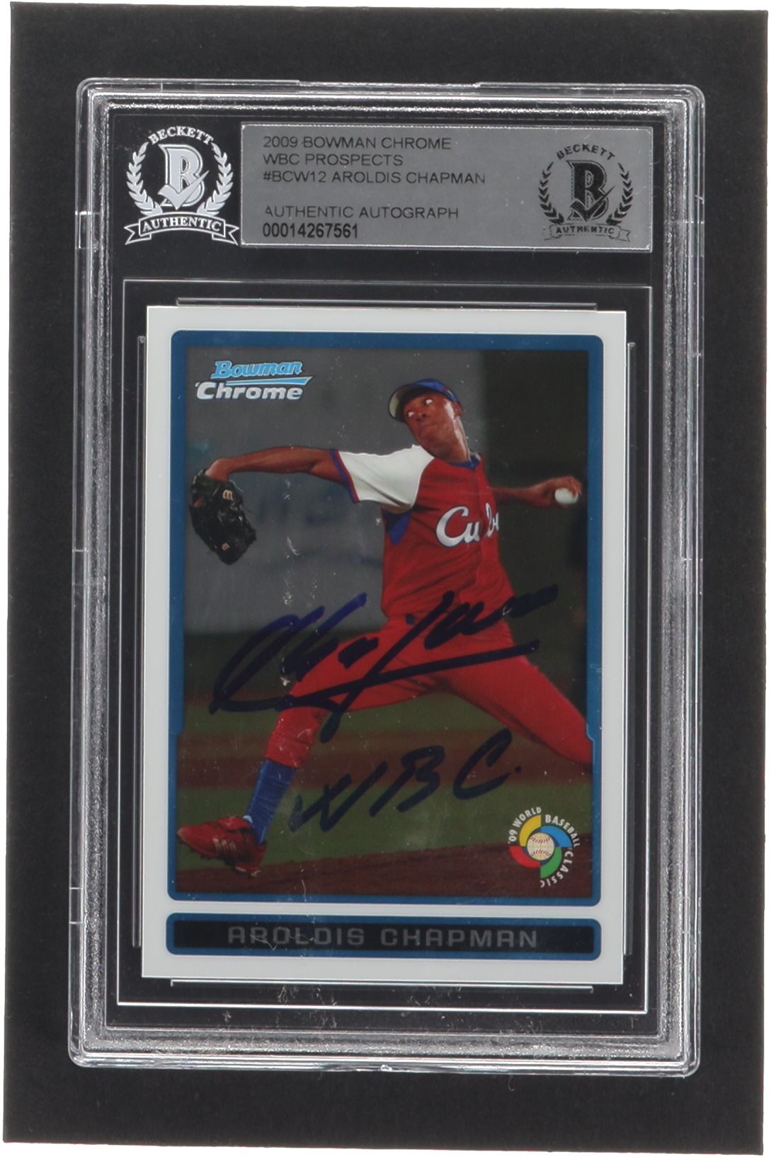 Aroldis Chapman Signed 2009 Bowman Chrome WBC Prospects #BCW12 RC Inscribed "WBC" (BGS) at PristineAuction.com Aroldis Chapman Signed 2009 Bowman Chrome WBC Prospects #BCW12 RC Inscribed "WBC" (BGS) at PristineAuction.com