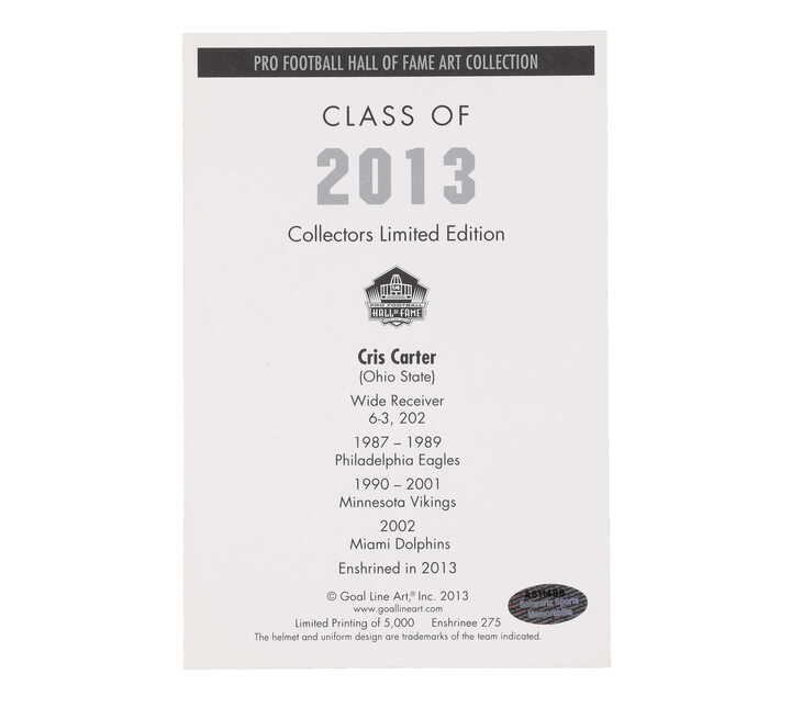 Cris Carter Signed LE Football Goal Line Art Card (Schwartz) at PristineAuction.com Cris Carter Signed LE Football Goal Line Art Card (Schwartz) at PristineAuction.com