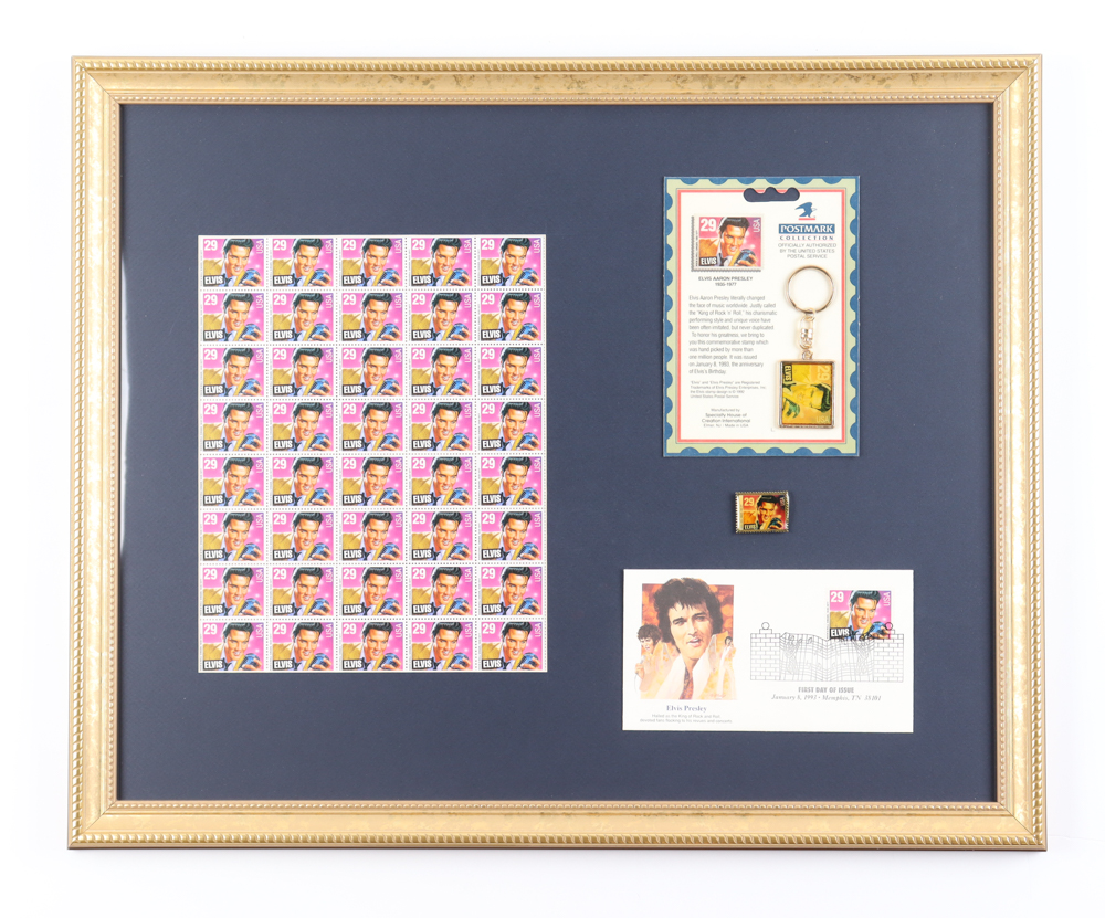 Elvis Presley Custom Framed Uncut (50) Stamp Sheet Display With Original Stamp Release Pin, First Day Of Issue Envelope & Sealed UPS Keychain at PristineAuction.com Elvis Presley Custom Framed Uncut (50) Stamp Sheet Display With Original Stamp Release Pin, First Day Of Issue Envelope & Sealed UPS Keychain at PristineAuction.com