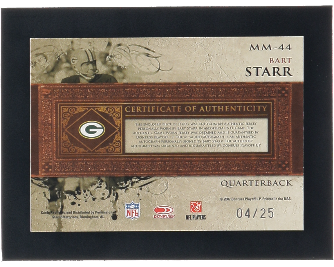 Bart Starr 2007 Leaf Limited Material Monikers Jersey Number Prime #44 #4/25 at PristineAuction.com Bart Starr 2007 Leaf Limited Material Monikers Jersey Number Prime #44 #4/25 at PristineAuction.com