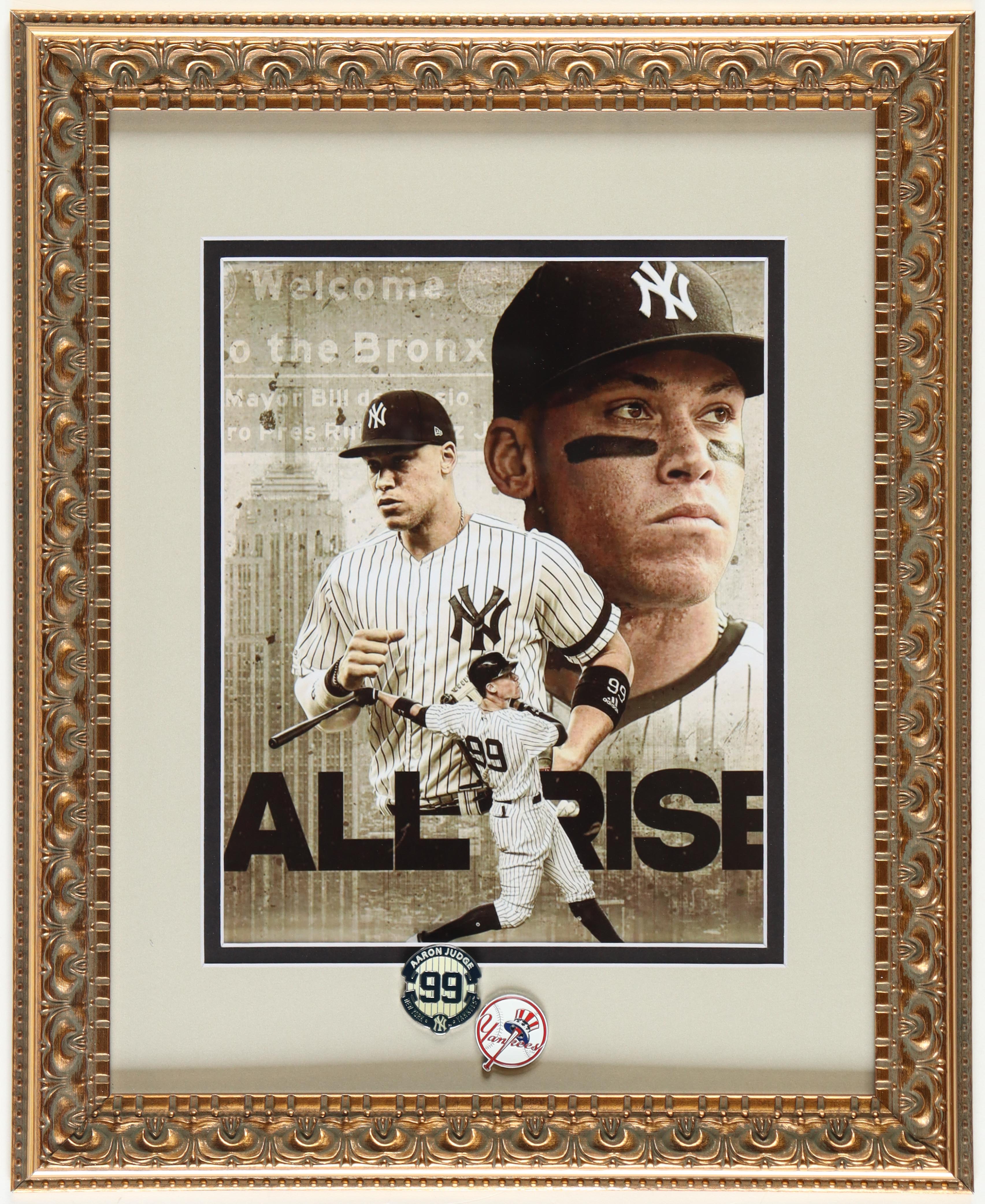 Aaron Judge Custom Framed Art Collage Print Display With Official Aaron Judge 99 Pin & New York Yankees Metal Emblem at PristineAuction.com Aaron Judge Custom Framed Art Collage Print Display With Official Aaron Judge 99 Pin & New York Yankees Metal Emblem at PristineAuction.com