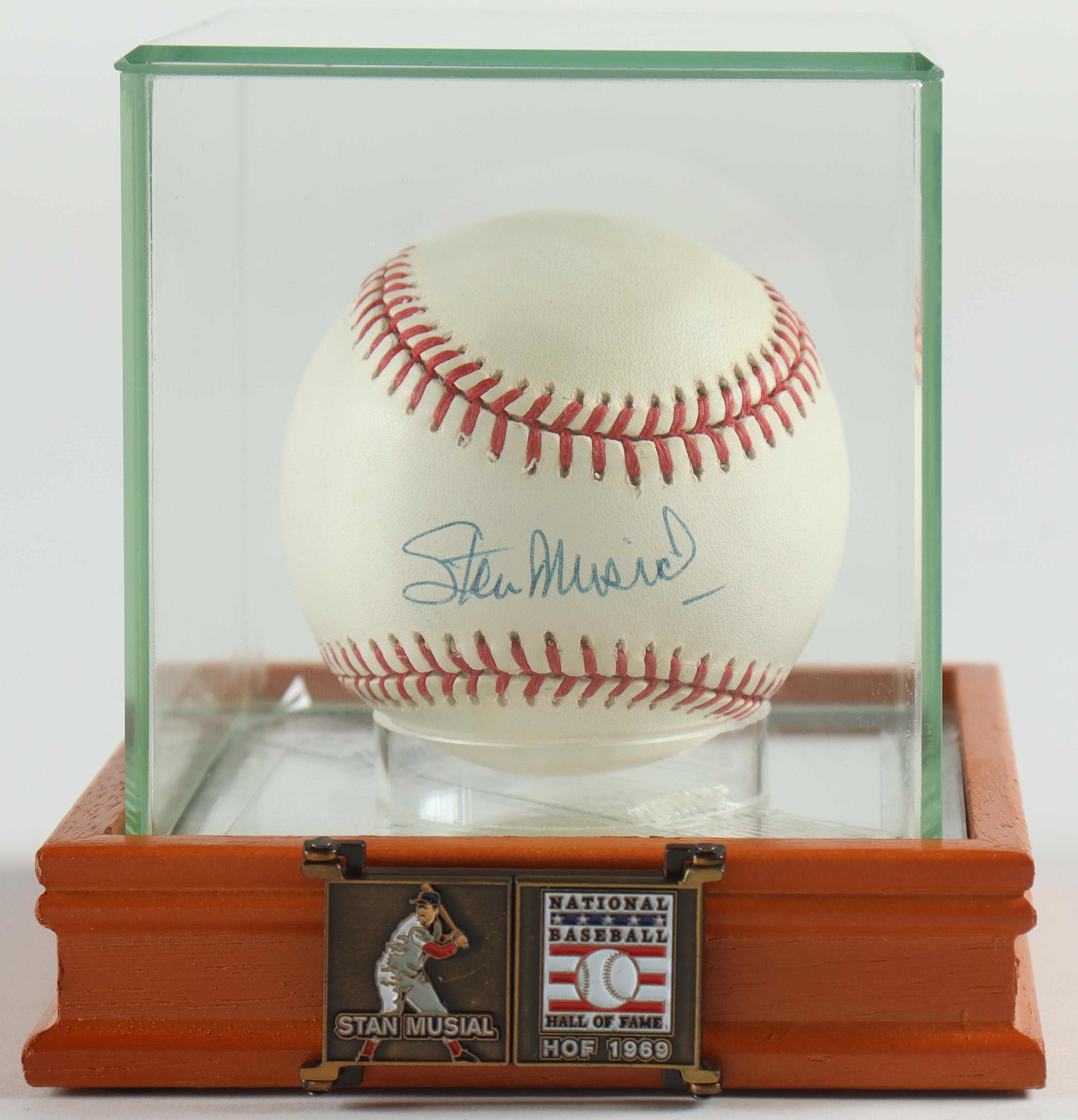 Stan Musial Signed ONL Baseball with Wood Display Case & Hall Of Fame Plaque (PSA) at PristineAuction.com Stan Musial Signed ONL Baseball with Wood Display Case & Hall Of Fame Plaque (PSA) at PristineAuction.com