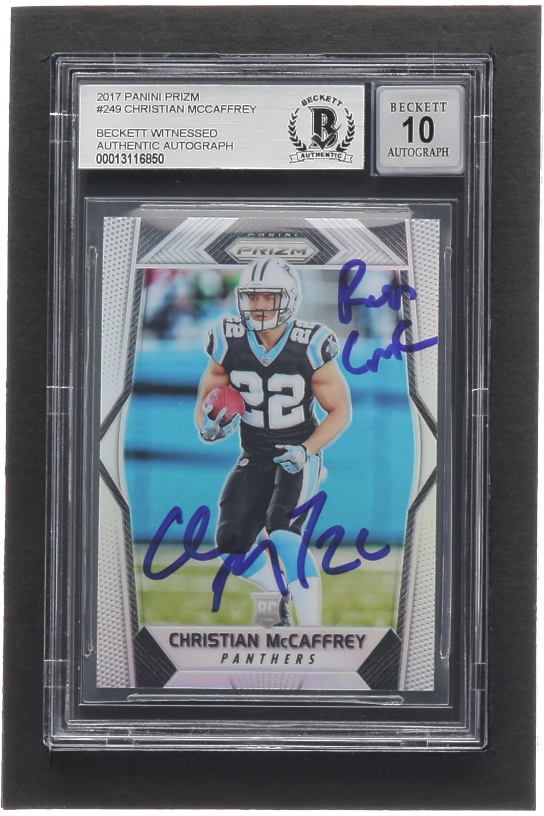 Christian McCaffrey Signed 2017 Panini Prizm #249 RC Inscribed "Run CMC" (BGS | Autograph Graded 10) at PristineAuction.com Christian McCaffrey Signed 2017 Panini Prizm #249 RC Inscribed "Run CMC" (BGS | Autograph Graded 10) at PristineAuction.com