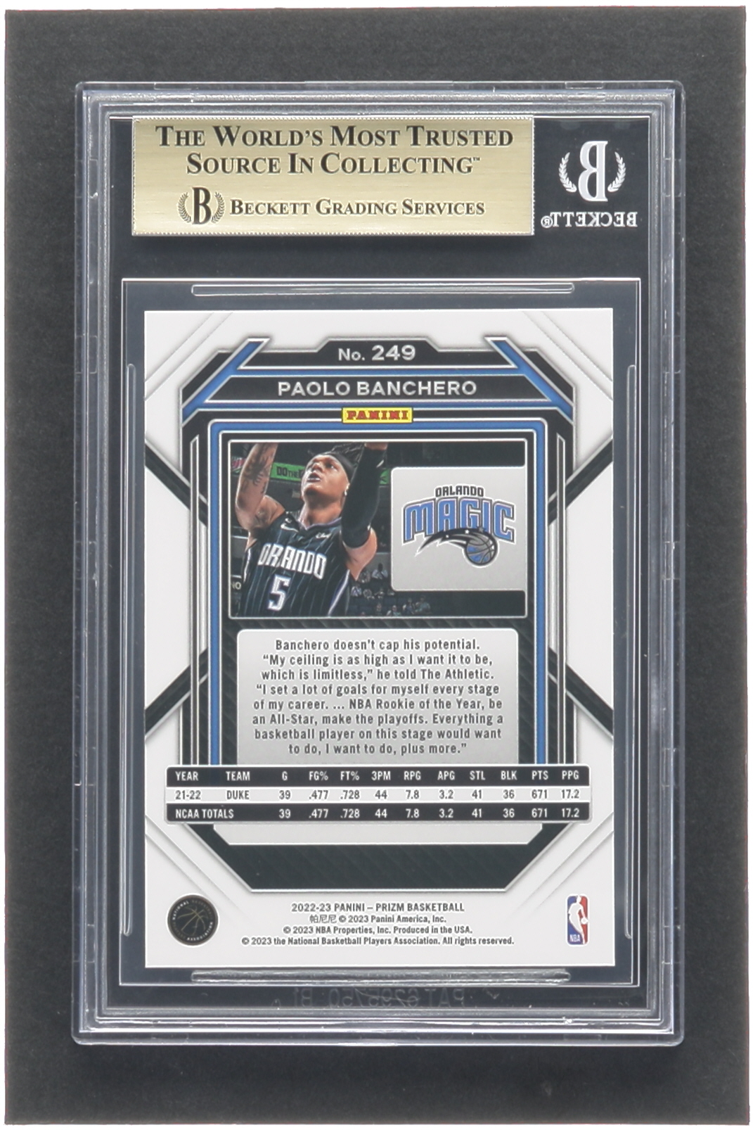Paolo Banchero 2022-23 Panini Prizm #249 RC (BGS 9.5) at PristineAuction.com Paolo Banchero 2022-23 Panini Prizm #249 RC (BGS 9.5) at PristineAuction.com