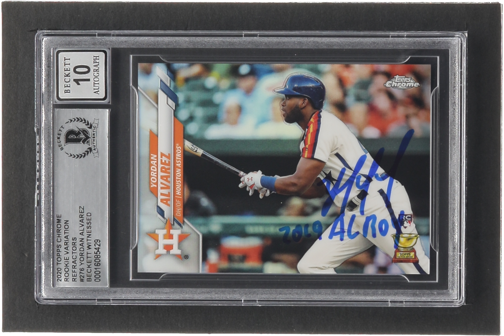 Yordan Alvarez Signed 2020 Topps Factory Set Chrome Rookie Variation Refractors #276 RC Inscribed "2019 AL ROY" (BGS | Autograph Graded 10) at PristineAuction.com Yordan Alvarez Signed 2020 Topps Factory Set Chrome Rookie Variation Refractors #276 RC Inscribed "2019 AL ROY" (BGS | Autograph Graded 10) at PristineAuction.com