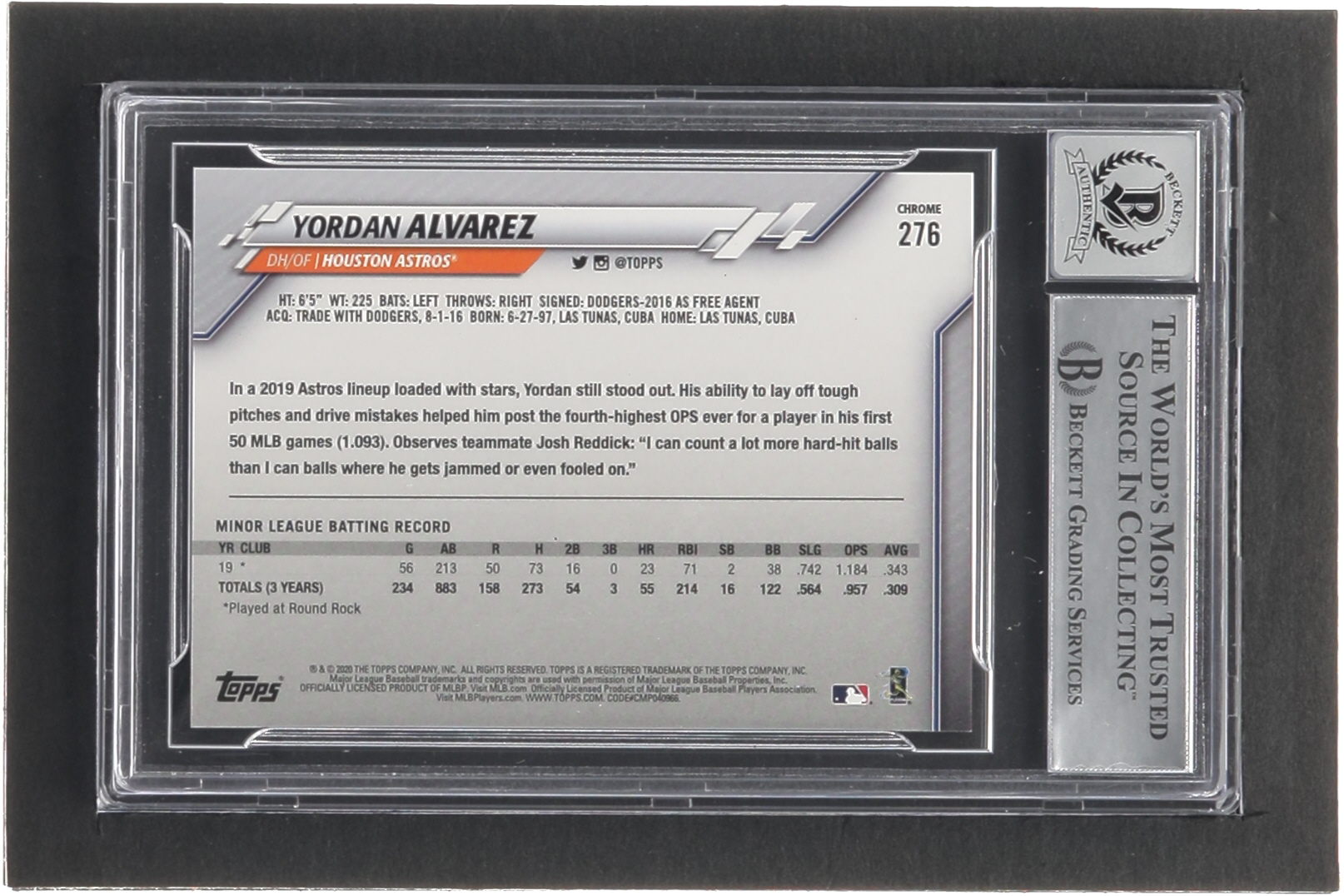 Yordan Alvarez Signed 2020 Topps Factory Set Chrome Rookie Variation Refractors #276 RC Inscribed "2019 AL ROY" (BGS | Autograph Graded 10) at PristineAuction.com Yordan Alvarez Signed 2020 Topps Factory Set Chrome Rookie Variation Refractors #276 RC Inscribed "2019 AL ROY" (BGS | Autograph Graded 10) at PristineAuction.com