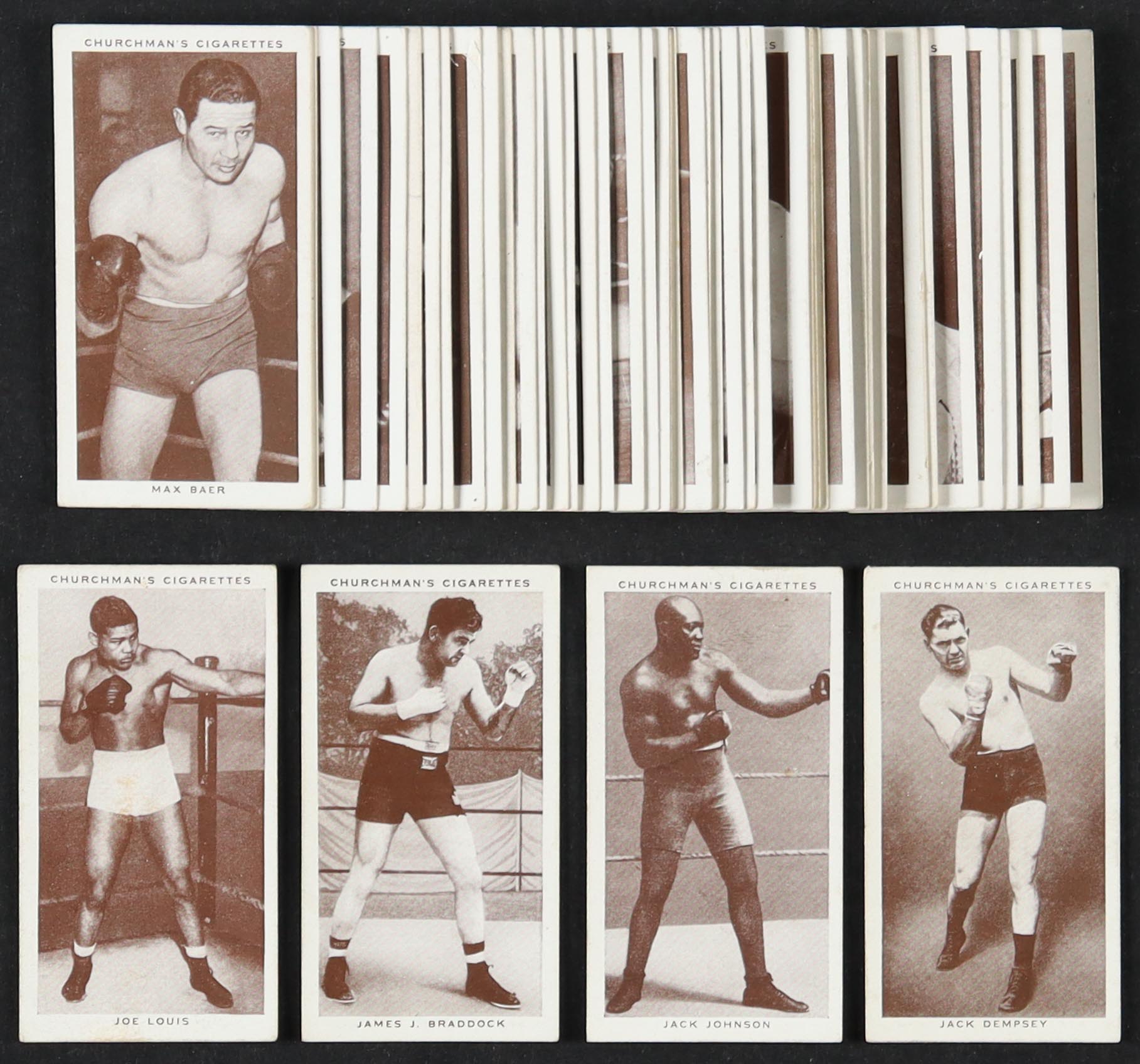 1938 Churchman's Boxing Personalities Complete Set of (50) Cards with Jack Dempsey #12, Joe Louis #26, Jack Johnson #20, James J. Braddock #6 at PristineAuction.com 1938 Churchman's Boxing Personalities Complete Set of (50) Cards with Jack Dempsey #12, Joe Louis #26, Jack Johnson #20, James J. Braddock #6 at PristineAuction.com