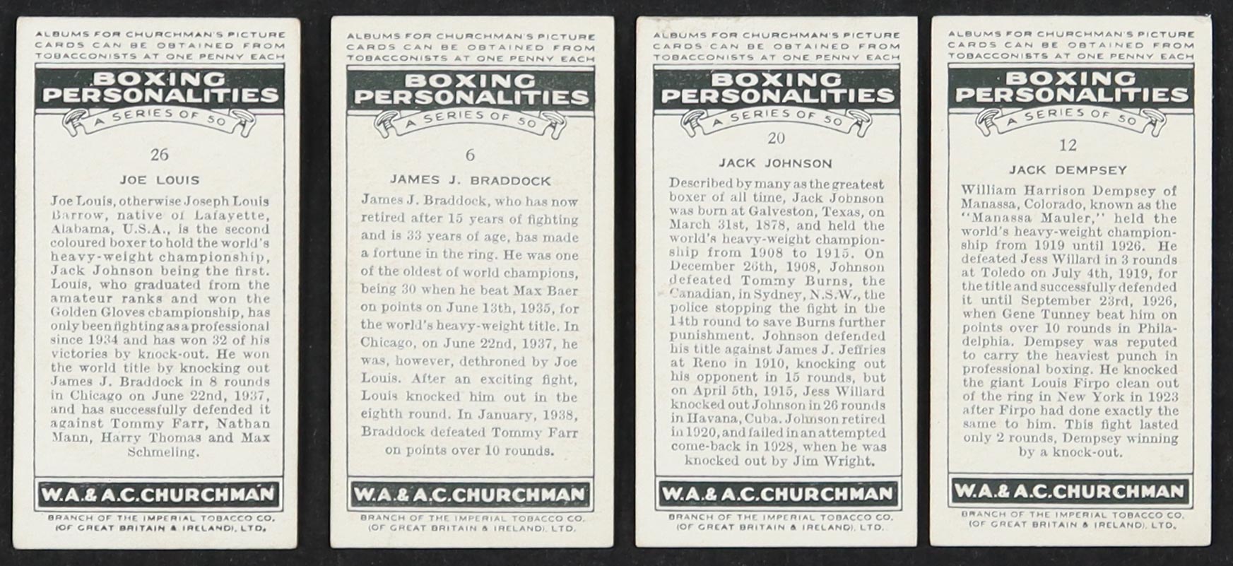 1938 Churchman's Boxing Personalities Complete Set of (50) Cards with Jack Dempsey #12, Joe Louis #26, Jack Johnson #20, James J. Braddock #6 at PristineAuction.com 1938 Churchman's Boxing Personalities Complete Set of (50) Cards with Jack Dempsey #12, Joe Louis #26, Jack Johnson #20, James J. Braddock #6 at PristineAuction.com