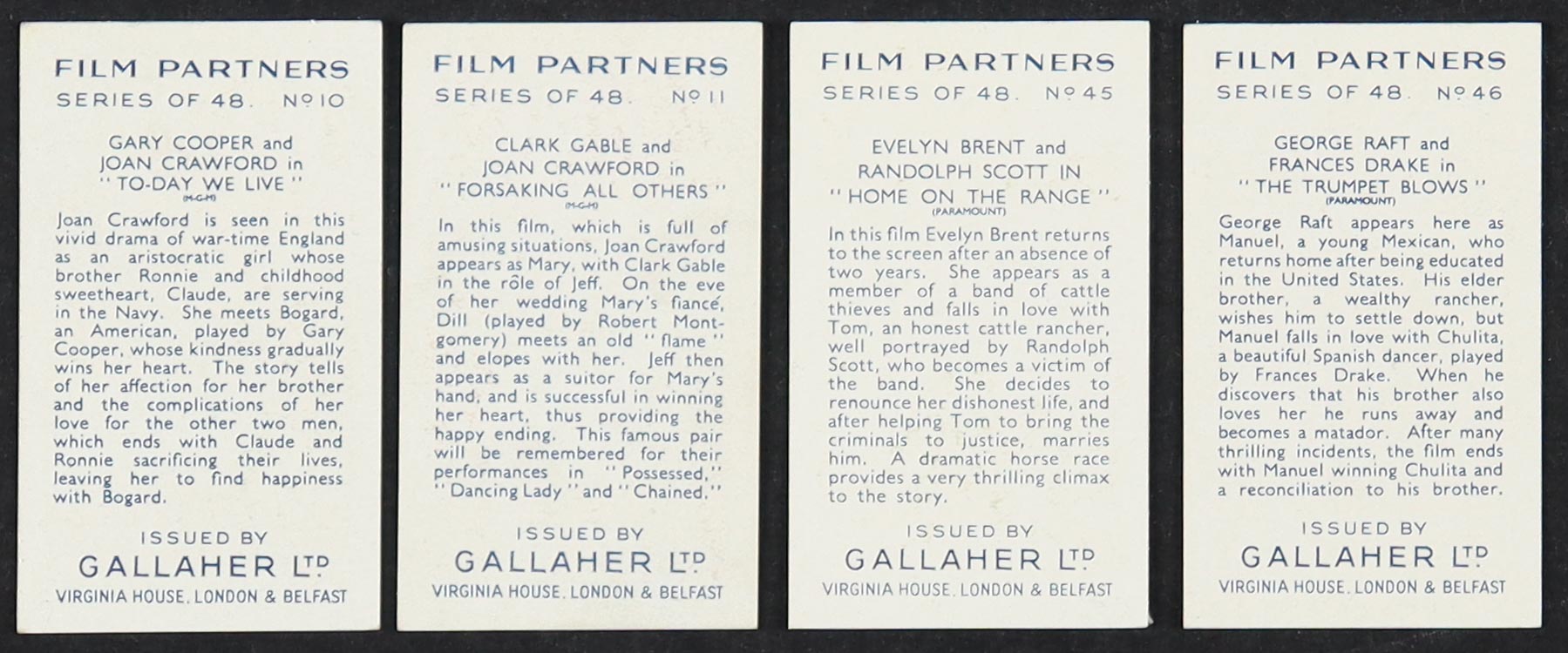 1936 Gallaher Film Partners Complete Set of (48) Cigarette Cards with Clark Gable & Joan Crawford #11, Gary Cooper & Joan Crawford #10 at PristineAuction.com 1936 Gallaher Film Partners Complete Set of (48) Cigarette Cards with Clark Gable & Joan Crawford #11, Gary Cooper & Joan Crawford #10 at PristineAuction.com