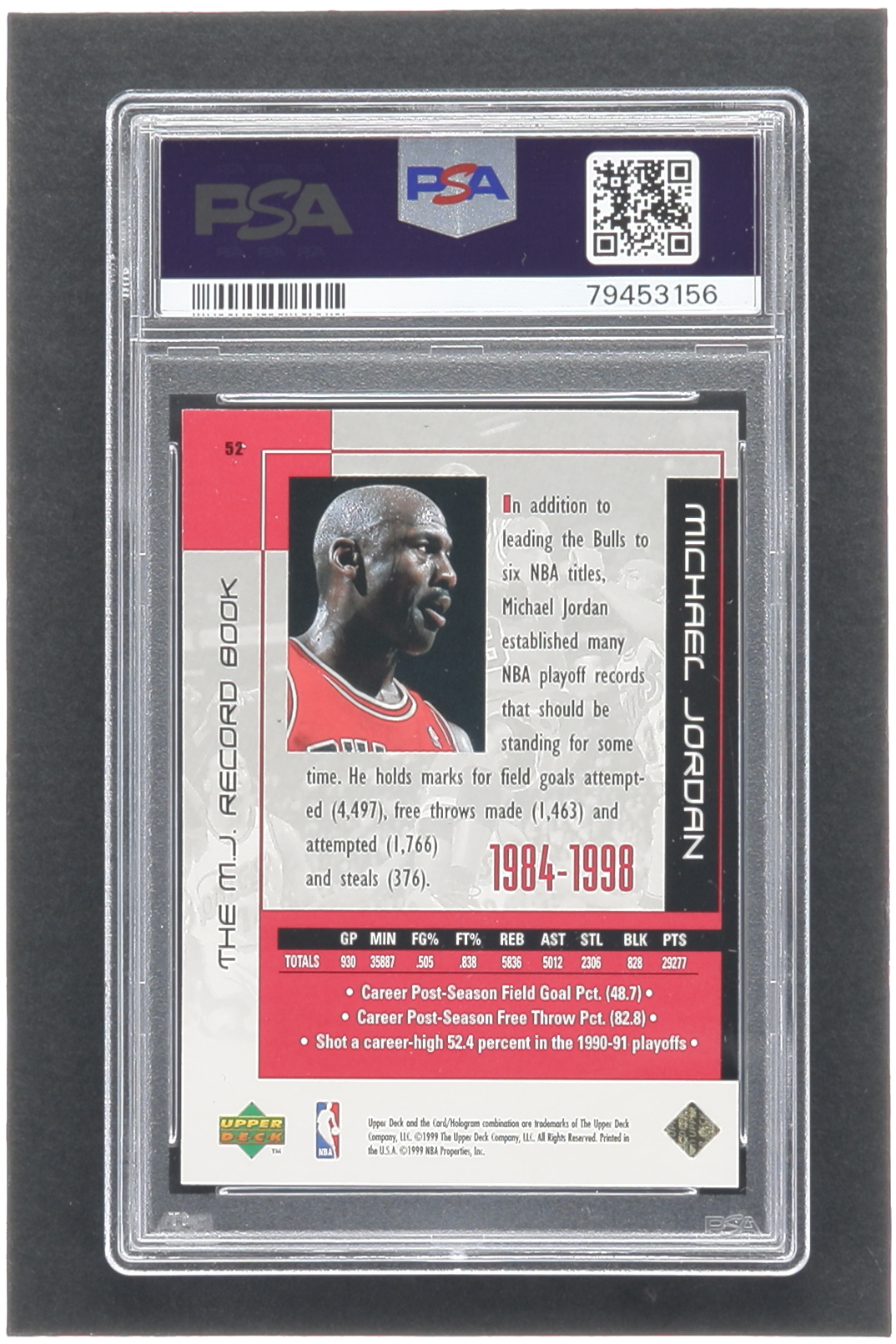 Michael Jordan 1999 Upper Deck Michael Jordan Career #52 / Record Book (PSA 9) at PristineAuction.com Michael Jordan 1999 Upper Deck Michael Jordan Career #52 / Record Book (PSA 9) at PristineAuction.com