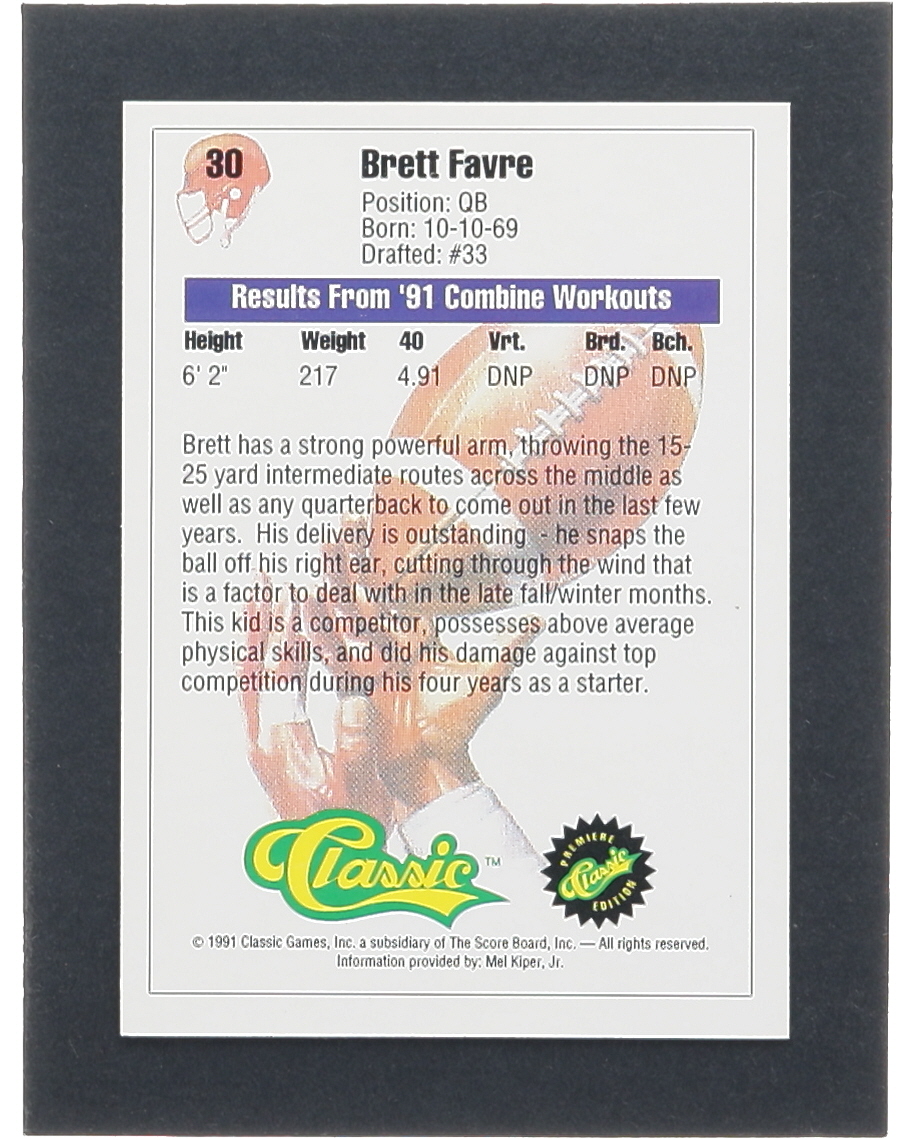 Brett Favre 1991 Classic #30 RC at PristineAuction.com Brett Favre 1991 Classic #30 RC at PristineAuction.com