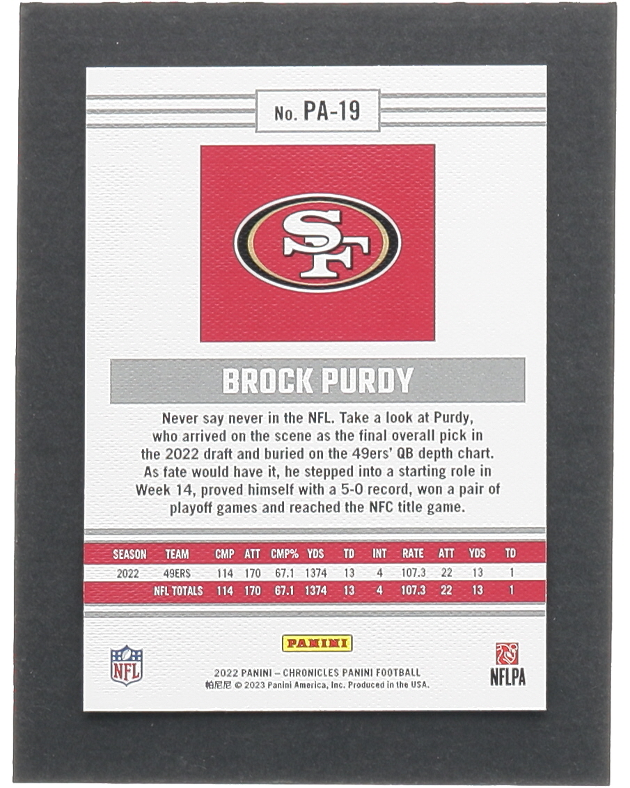 Brock Purdy 2022 Panini Chronicles Panini #19 RC at PristineAuction.com Brock Purdy 2022 Panini Chronicles Panini #19 RC at PristineAuction.com