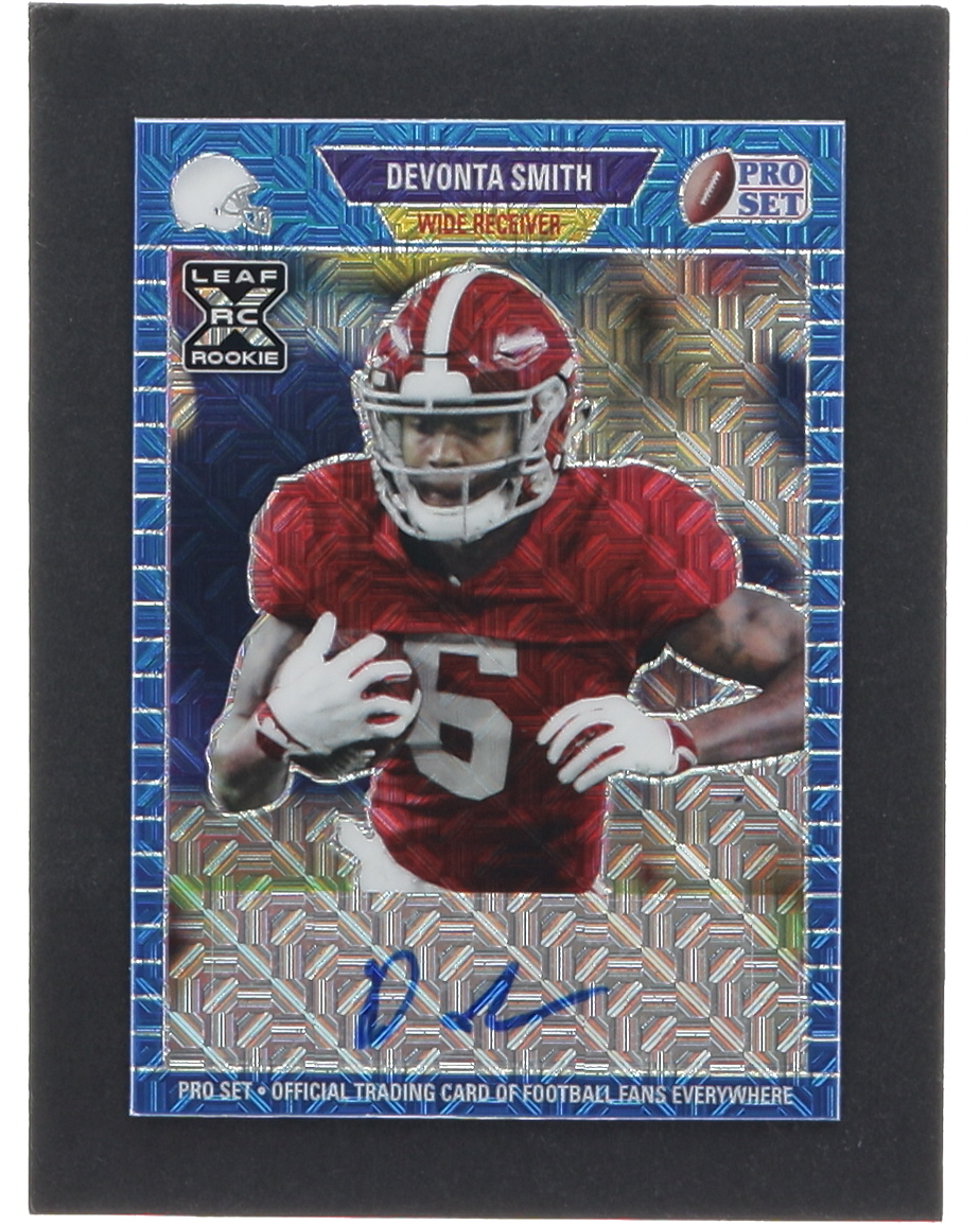 DeVonta Smith 2021 Leaf Pro Set Metal Autographs Mojo Blue #PADS2 RC #1/30 at PristineAuction.com DeVonta Smith 2021 Leaf Pro Set Metal Autographs Mojo Blue #PADS2 RC #1/30 at PristineAuction.com