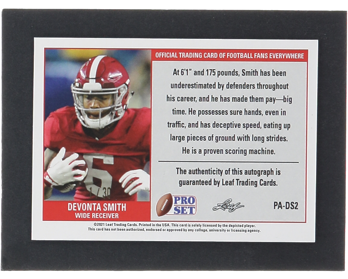 DeVonta Smith 2021 Leaf Pro Set Metal Autographs Mojo Blue #PADS2 RC #1/30 at PristineAuction.com DeVonta Smith 2021 Leaf Pro Set Metal Autographs Mojo Blue #PADS2 RC #1/30 at PristineAuction.com