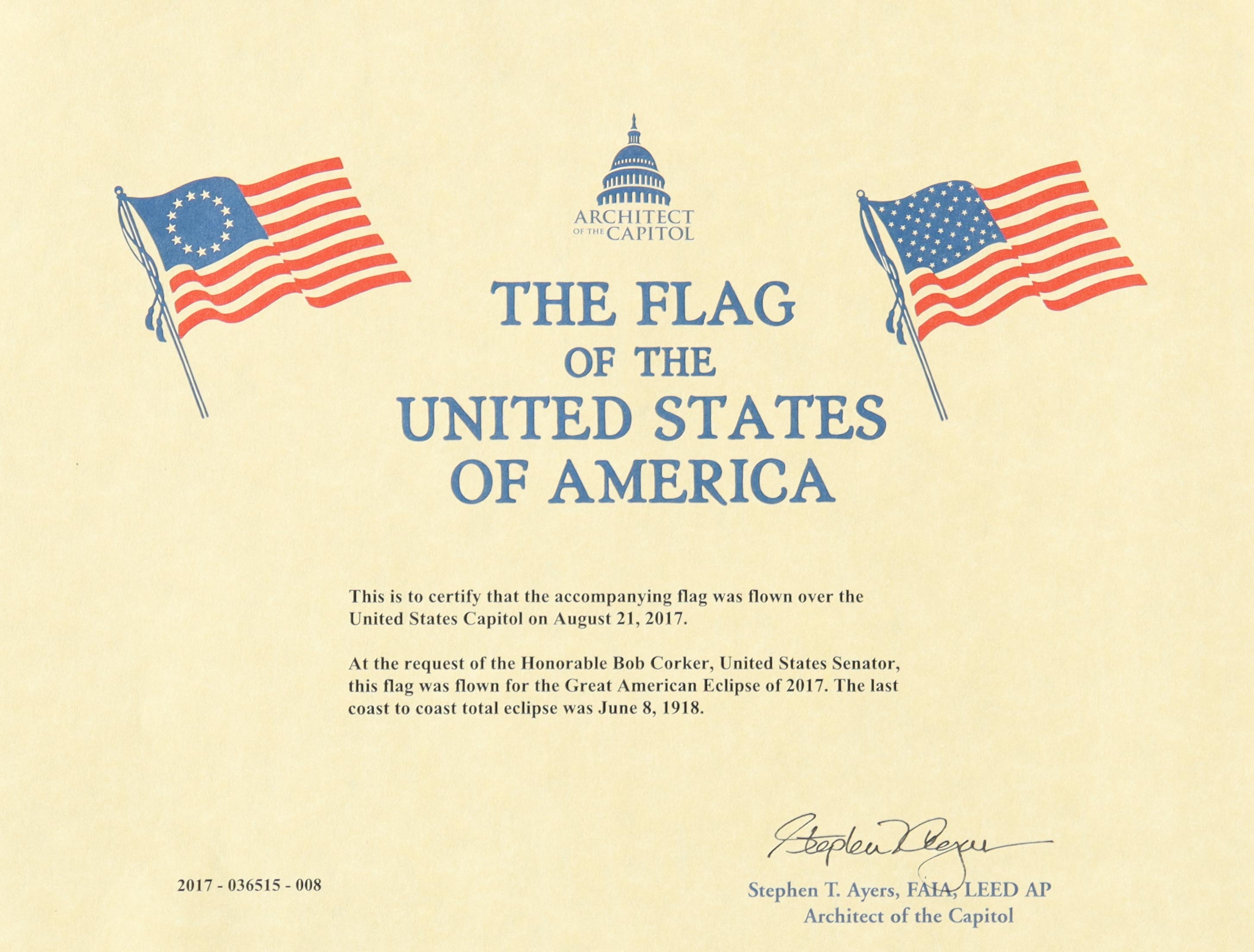 American Flag Flown Over the Capitol For The Great American Eclipse (Architect of the Capitol) at PristineAuction.com American Flag Flown Over the Capitol For The Great American Eclipse (Architect of the Capitol) at PristineAuction.com
