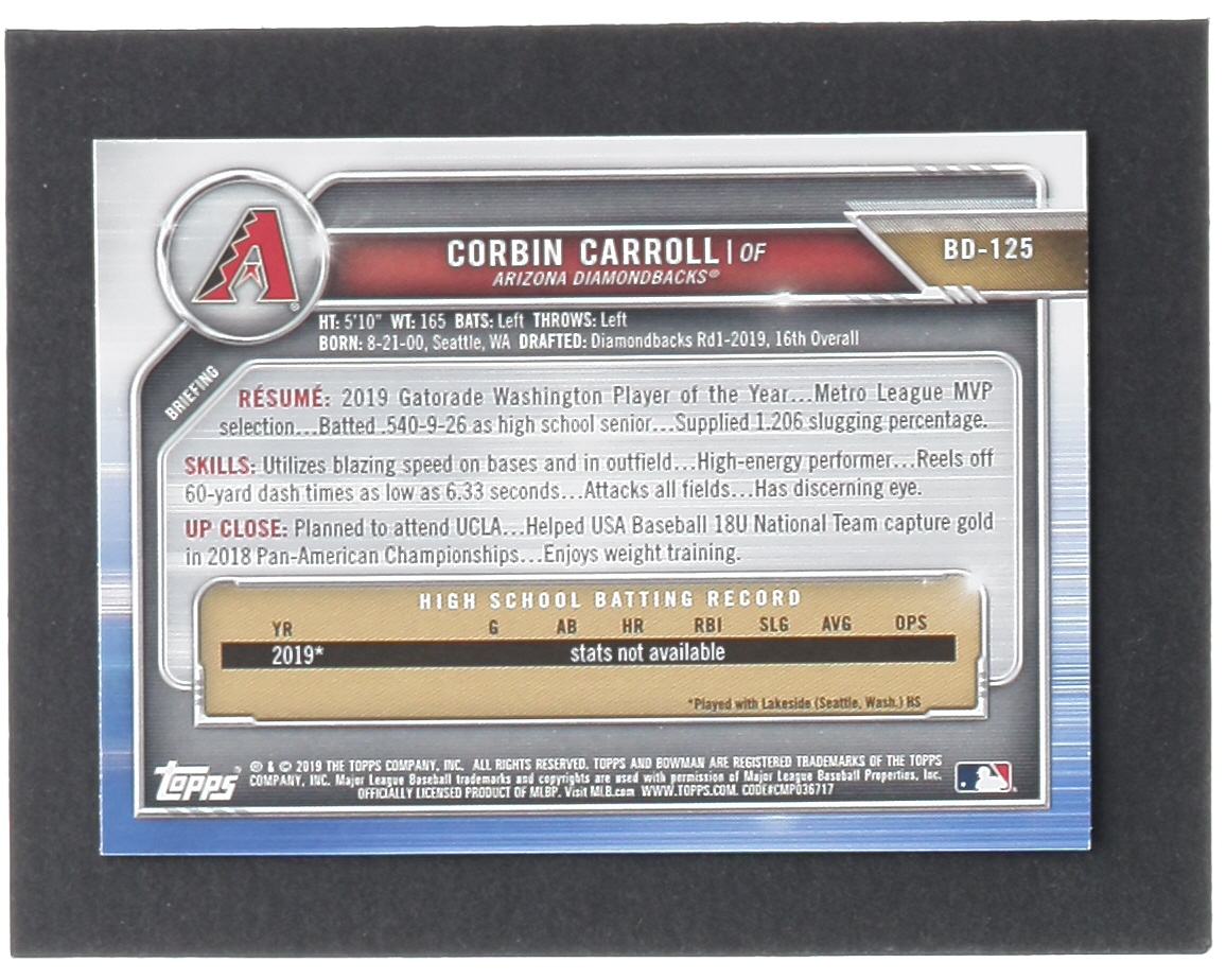 Corbin Carroll 2019 Bowman Draft #BD125 RC at PristineAuction.com Corbin Carroll 2019 Bowman Draft #BD125 RC at PristineAuction.com
