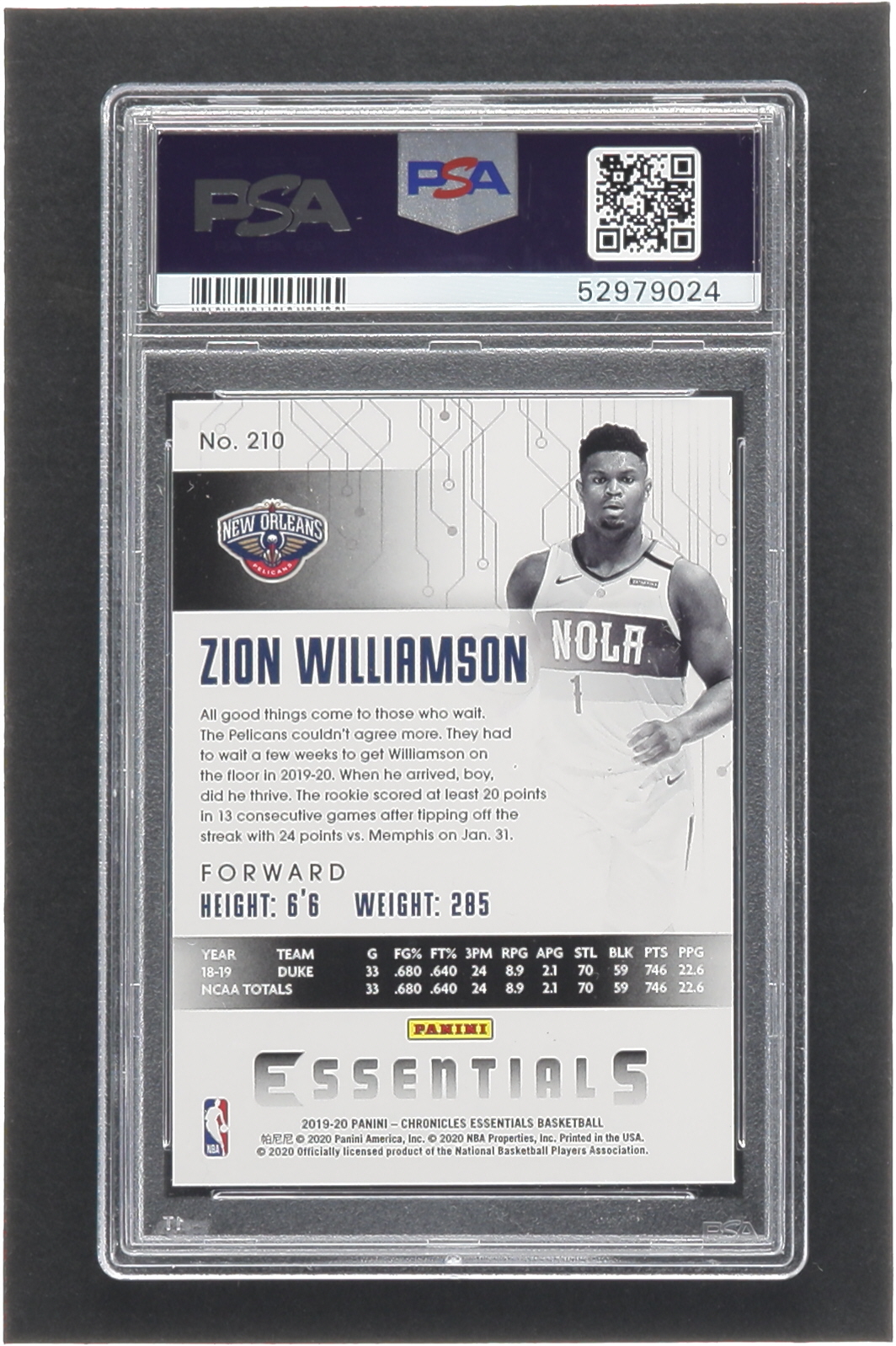 Zion Williamson 2019-20 Panini Chronicles #210 RC / Essentials (PSA 10) at PristineAuction.com Zion Williamson 2019-20 Panini Chronicles #210 RC / Essentials (PSA 10) at PristineAuction.com