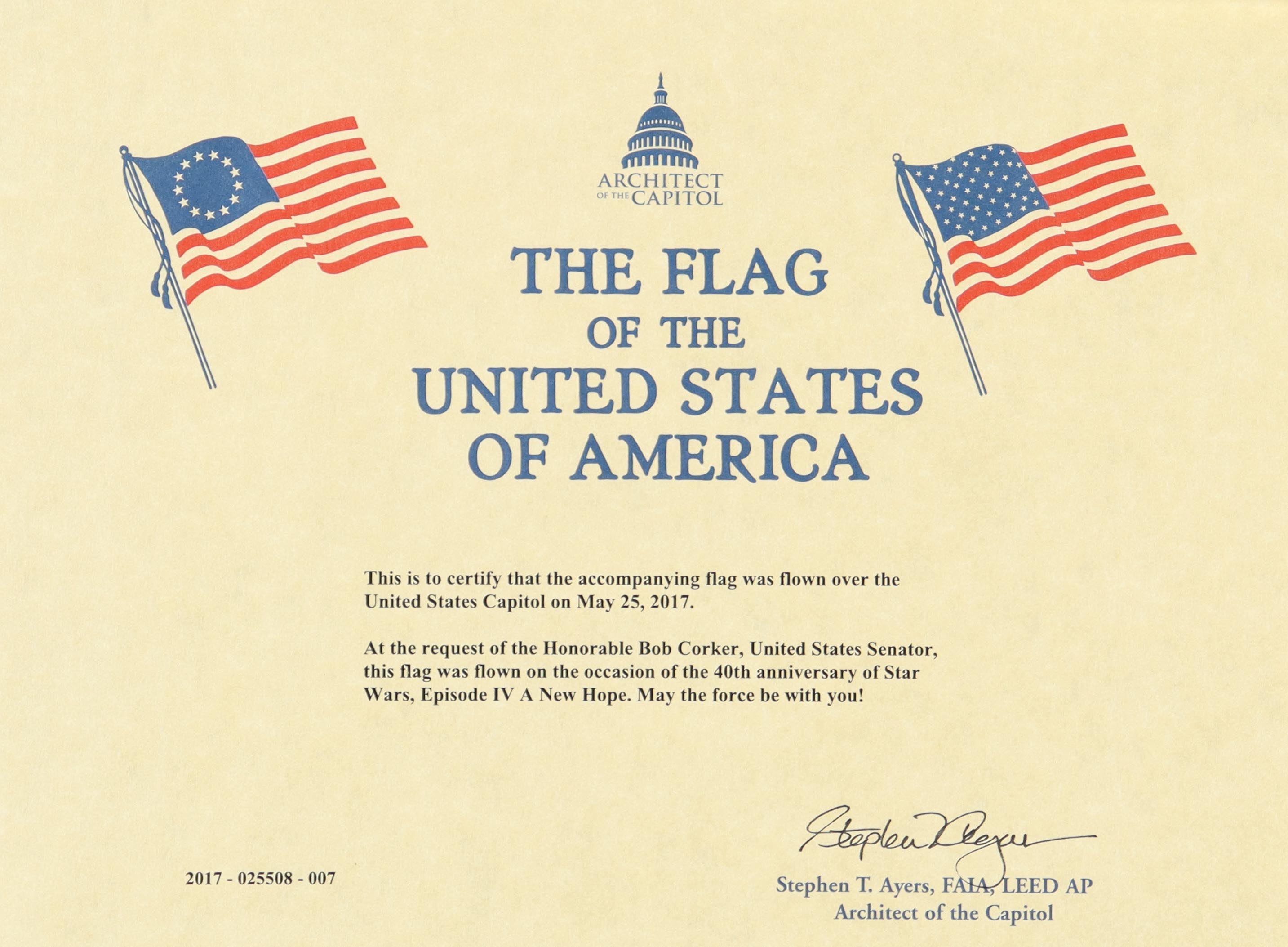 American Flag Flown Over the Capitol For The 40th Anniversary of Star Wars Episode IV: A New Hope Opened in Theaters (Architect of the Capitol) at PristineAuction.com American Flag Flown Over the Capitol For The 40th Anniversary of Star Wars Episode IV: A New Hope Opened in Theaters (Architect of the Capitol) at PristineAuction.com