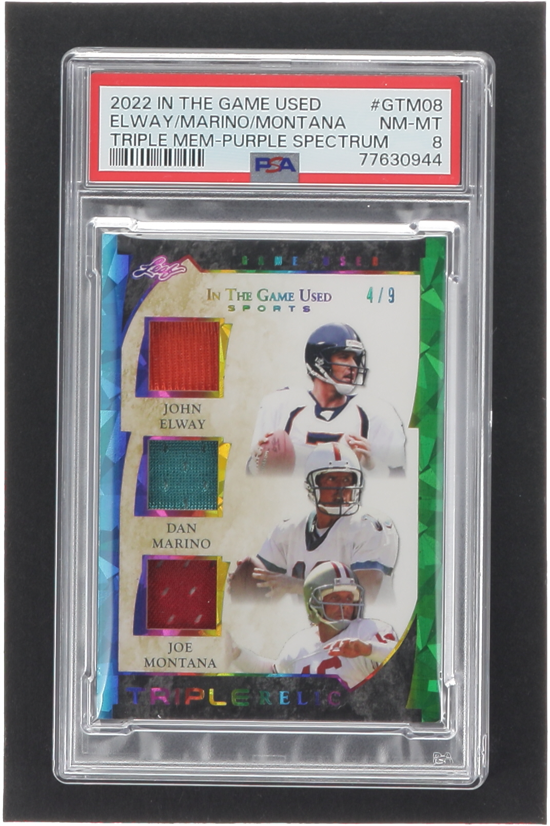 John Elway / Dan Marino / Joe Montana 2022 ITG Used Sports Game Used Triple Memorabilia Rainbow Cracked Ice #GUTM08 #4/9 (PSA 8) at PristineAuction.com John Elway / Dan Marino / Joe Montana 2022 ITG Used Sports Game Used Triple Memorabilia Rainbow Cracked Ice #GUTM08 #4/9 (PSA 8) at PristineAuction.com