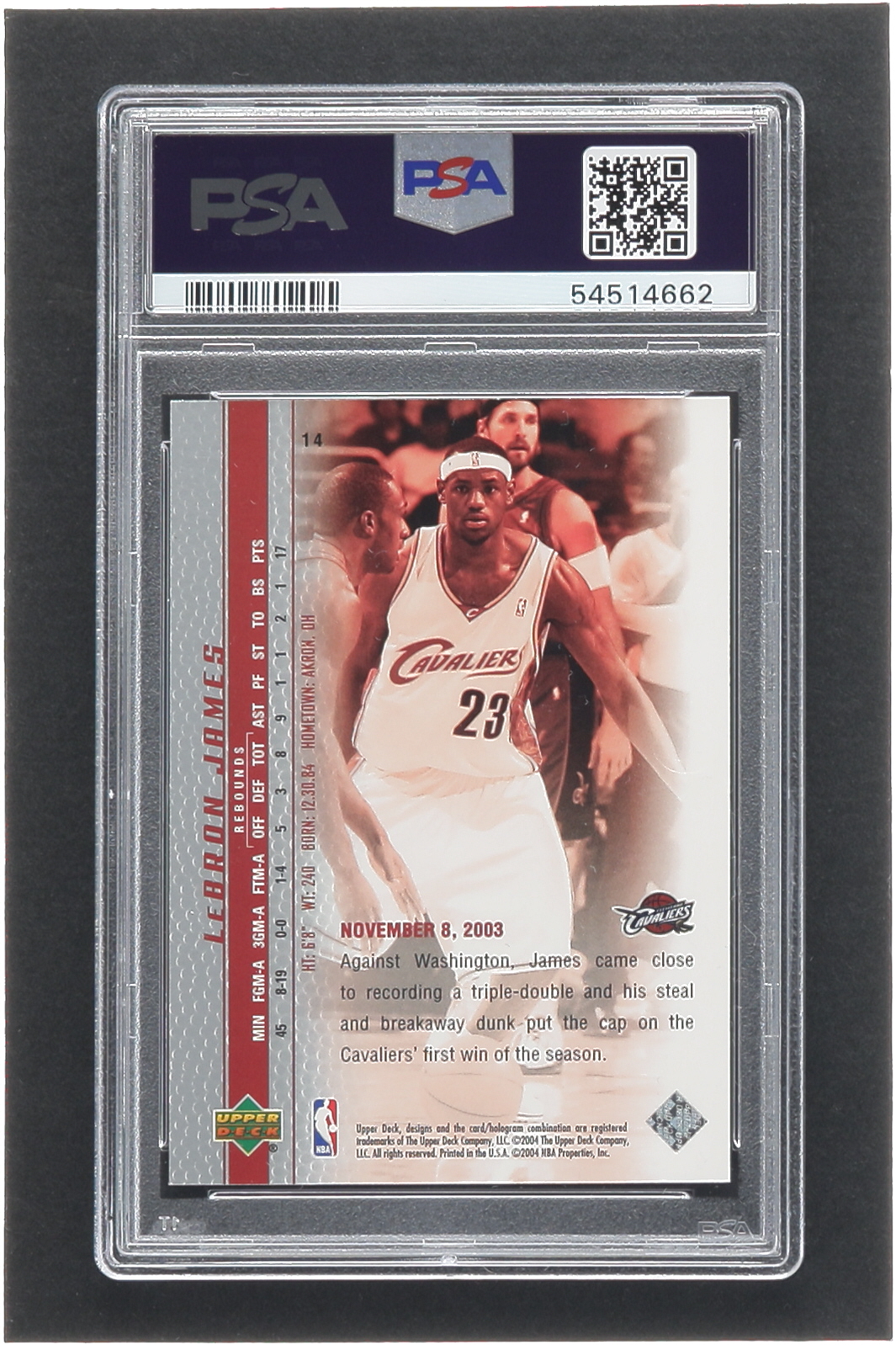 LeBron James 2003-04 Upper Deck Phenomenal Beginning LeBron James #14 RC / James Stays Focused (PSA 9) at PristineAuction.com LeBron James 2003-04 Upper Deck Phenomenal Beginning LeBron James #14 RC / James Stays Focused (PSA 9) at PristineAuction.com