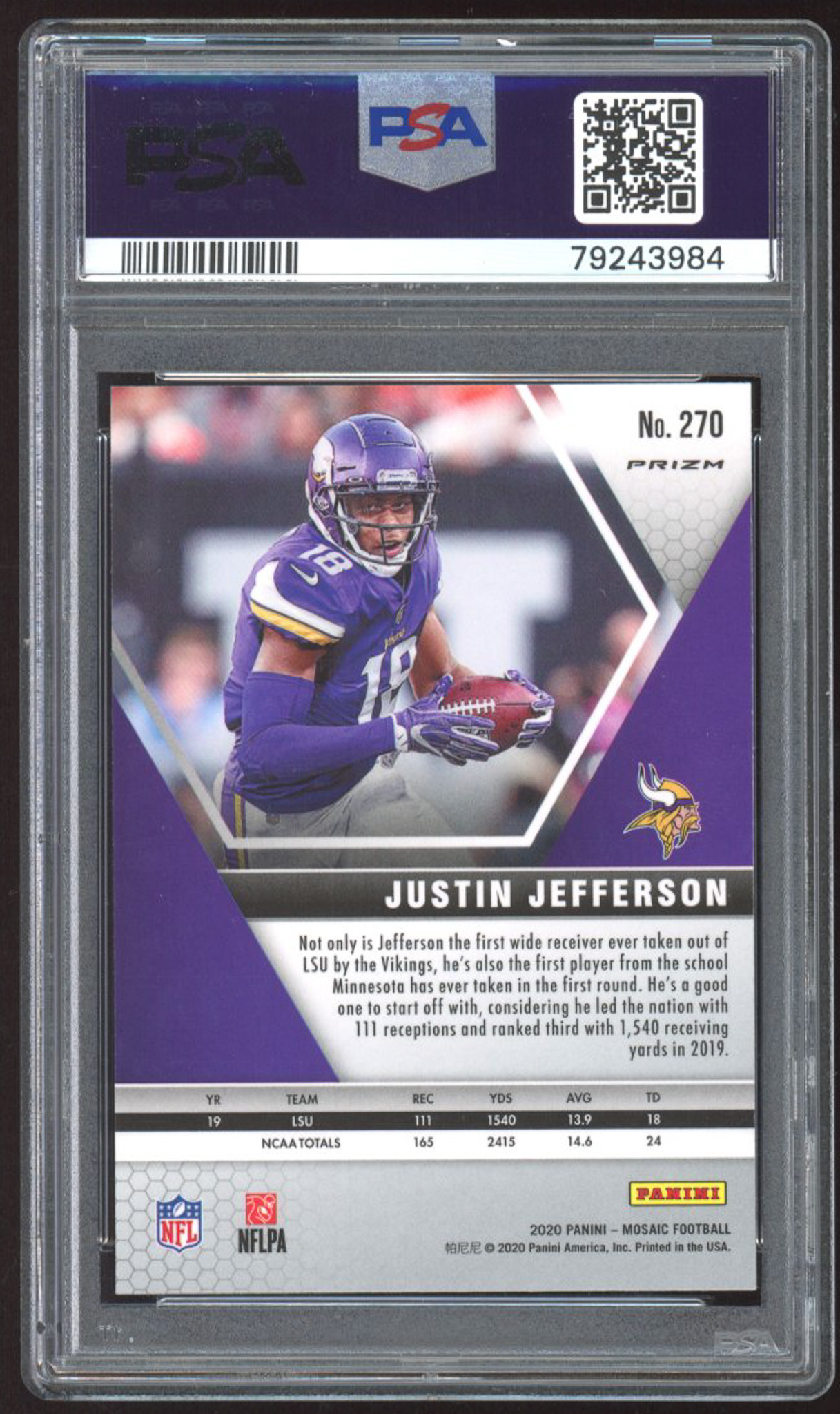 Justin Jefferson 2020 Panini Mosaic Mosaic Camo Pink #270 DEB RC (PSA 10) at PristineAuction.com Justin Jefferson 2020 Panini Mosaic Mosaic Camo Pink #270 DEB RC (PSA 10) at PristineAuction.com