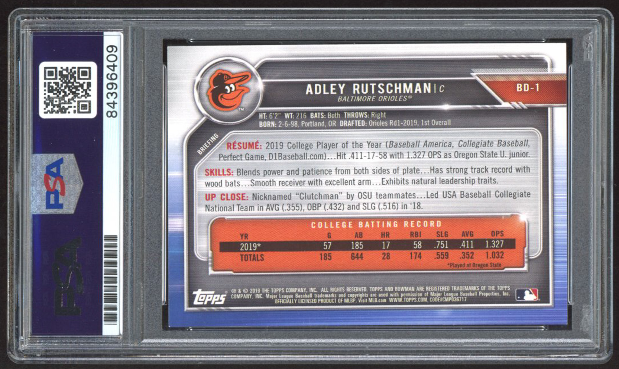 Adley Rutschman Signed 2019 Bowman Draft #BD1 RC (PSA | Auto 10) at PristineAuction.com Adley Rutschman Signed 2019 Bowman Draft #BD1 RC (PSA | Auto 10) at PristineAuction.com