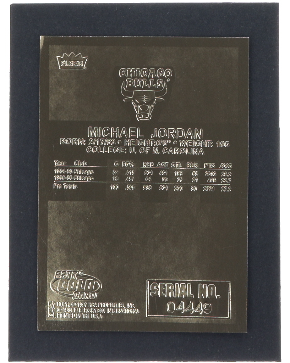 Michael Jordan 1996-97 Fleer Premier Holo Prism Refractor 23Kt Gold Card at PristineAuction.com Michael Jordan 1996-97 Fleer Premier Holo Prism Refractor 23Kt Gold Card at PristineAuction.com