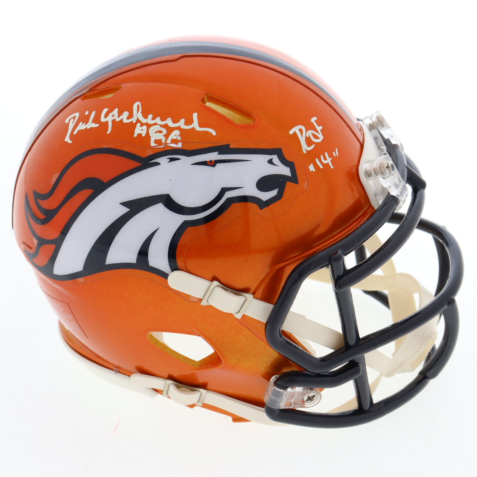 Rick Upchurch Signed Broncos Flash Alternate Speed Mini Helmet Inscribed "ROF '14" (Beckett) at PristineAuction.com Rick Upchurch Signed Broncos Flash Alternate Speed Mini Helmet Inscribed "ROF '14" (Beckett) at PristineAuction.com