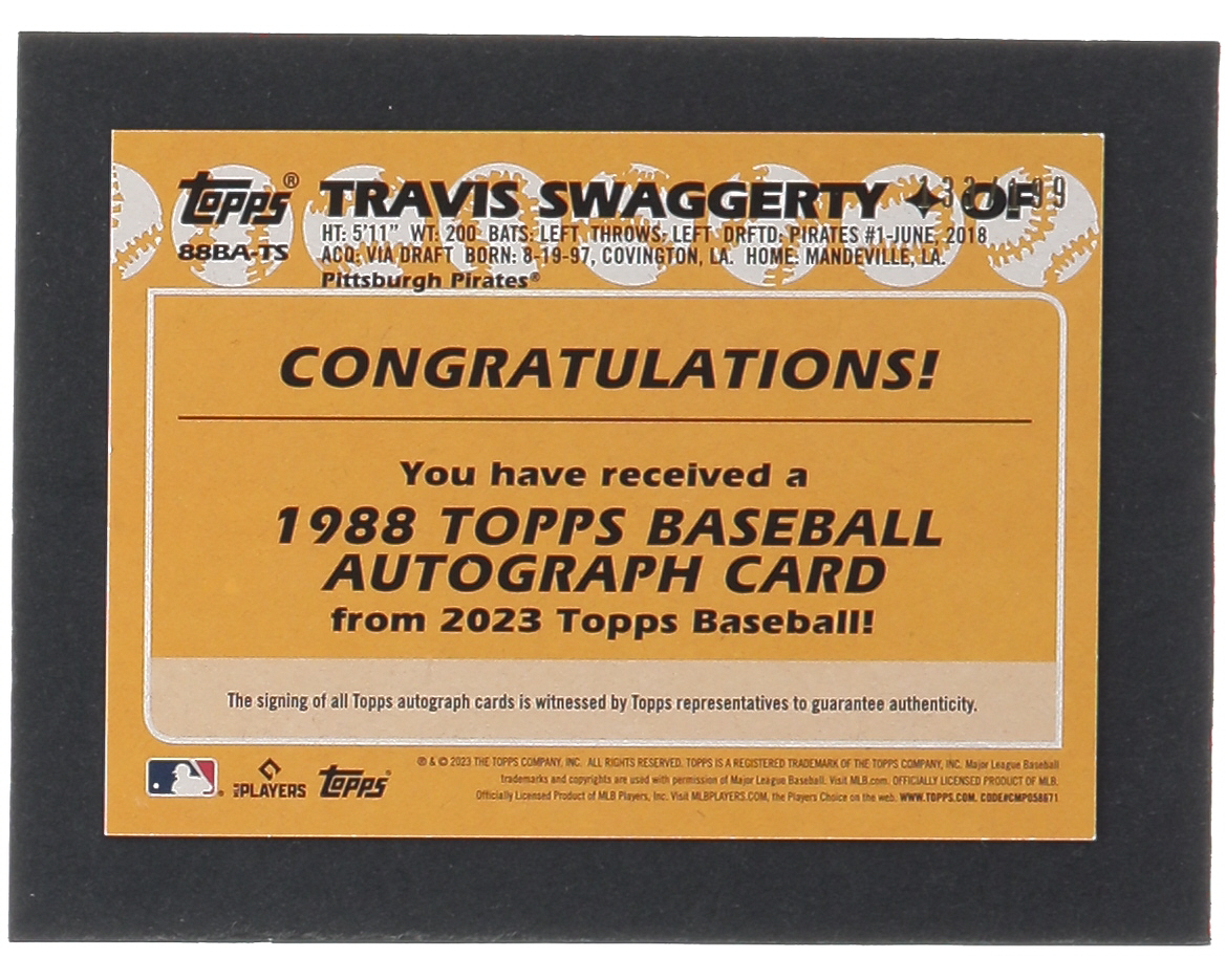 Travis Swaggerty 2023 Topps '88 Topps Autographs Black #88BATS RC #133/199 at PristineAuction.com Travis Swaggerty 2023 Topps '88 Topps Autographs Black #88BATS RC #133/199 at PristineAuction.com