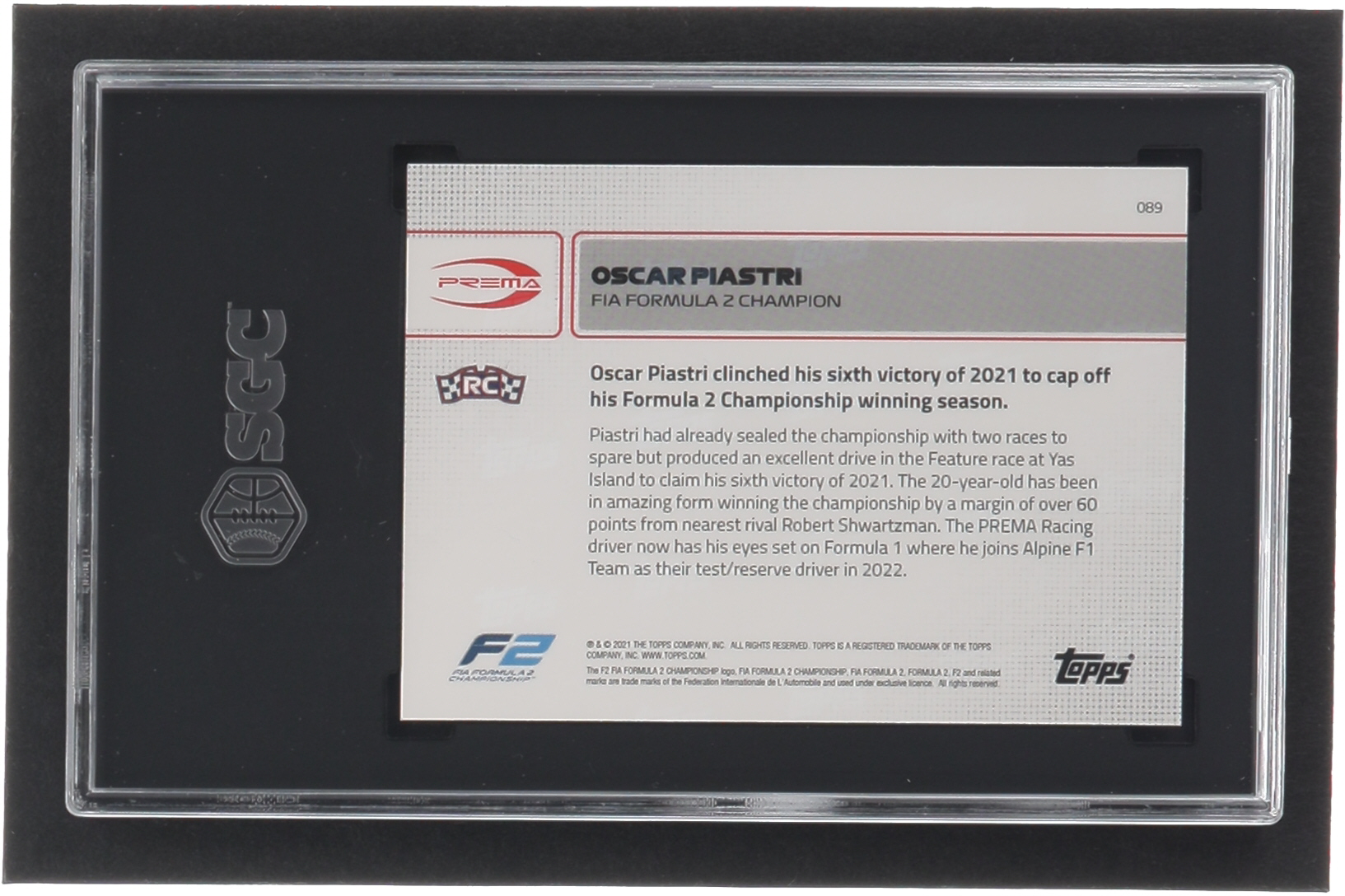 Oscar Piastri 2021 Topps Now Formula 1 #89 FIA Formula 2 Champion RC (SGC 10) at PristineAuction.com Oscar Piastri 2021 Topps Now Formula 1 #89 FIA Formula 2 Champion RC (SGC 10) at PristineAuction.com