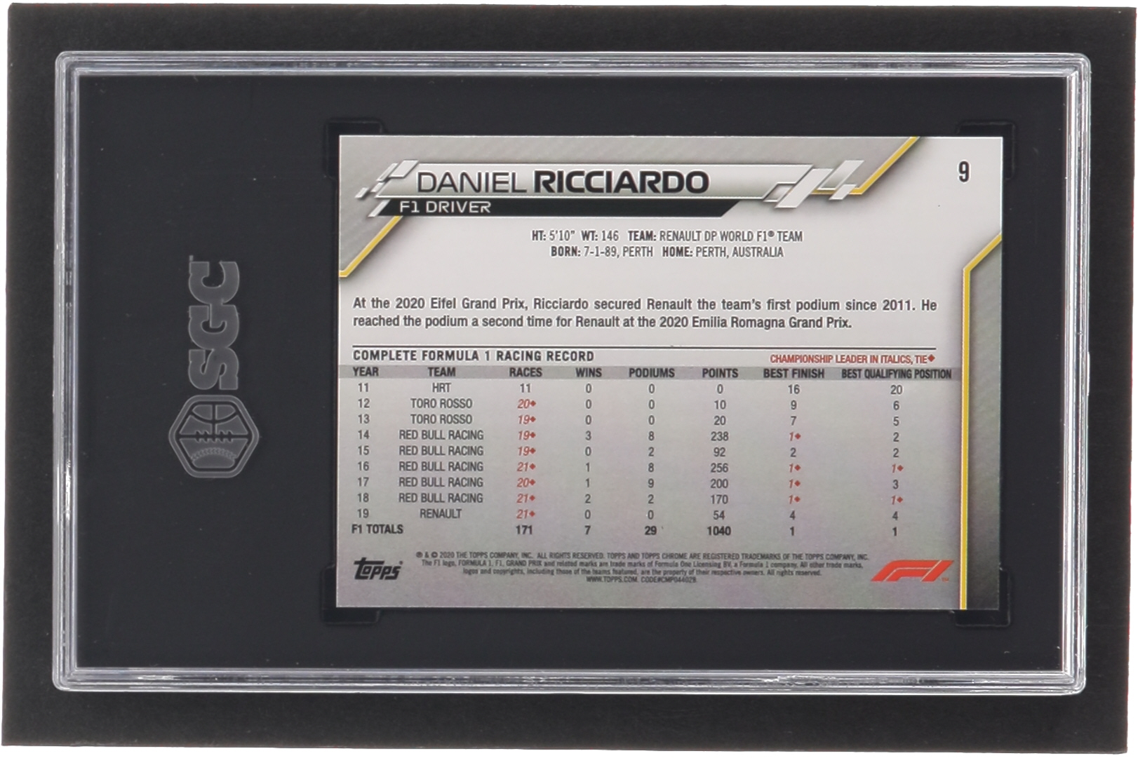 Daniel Ricciardo 2020 Topps Chrome Formula 1 #9 (SGC 10) at PristineAuction.com Daniel Ricciardo 2020 Topps Chrome Formula 1 #9 (SGC 10) at PristineAuction.com