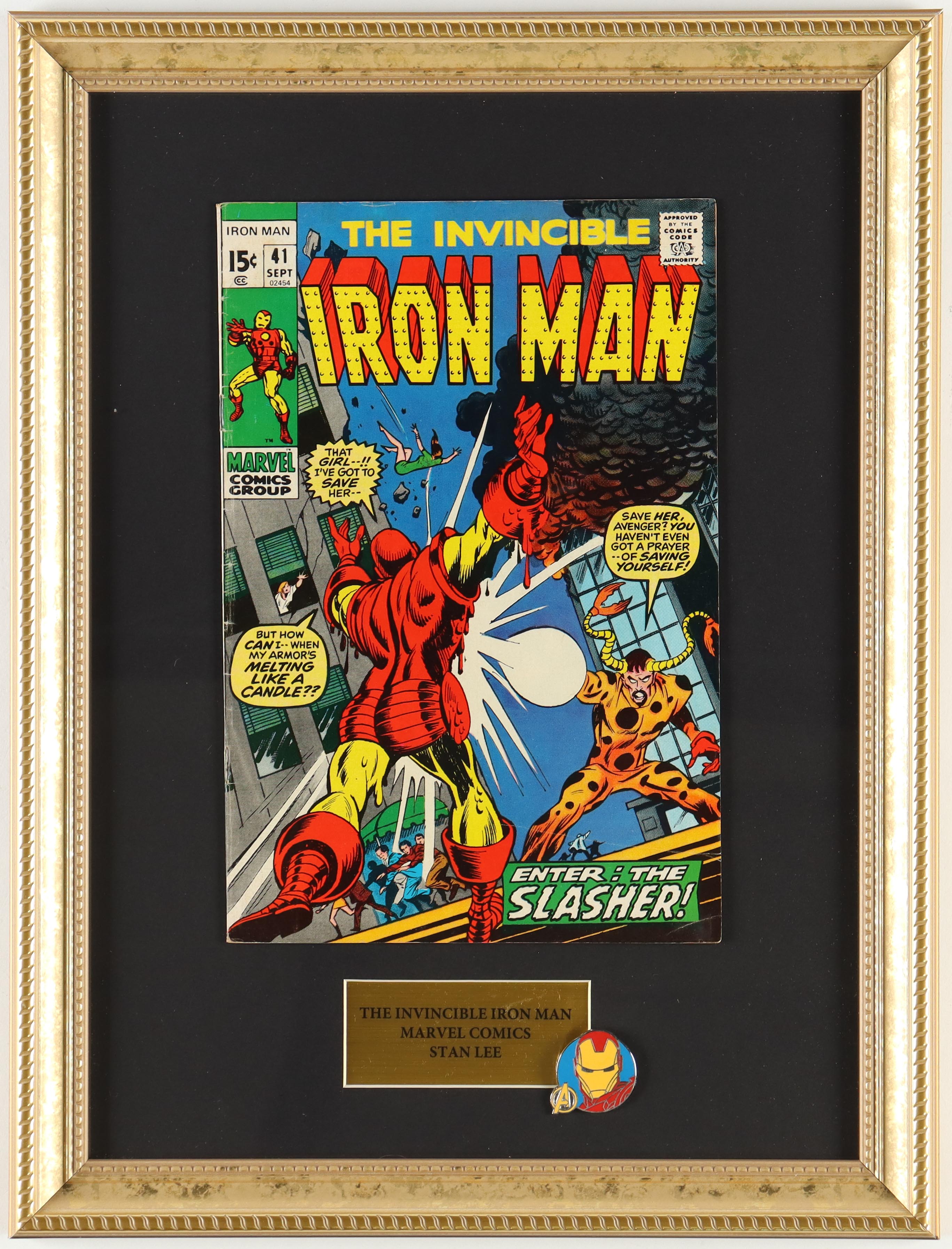 Vintage 1971 "Iron Man" Issue #41 13x17 Custom Framed Marvel Comic Book Display With Metal Iron Man Pin at PristineAuction.com Vintage 1971 "Iron Man" Issue #41 13x17 Custom Framed Marvel Comic Book Display With Metal Iron Man Pin at PristineAuction.com