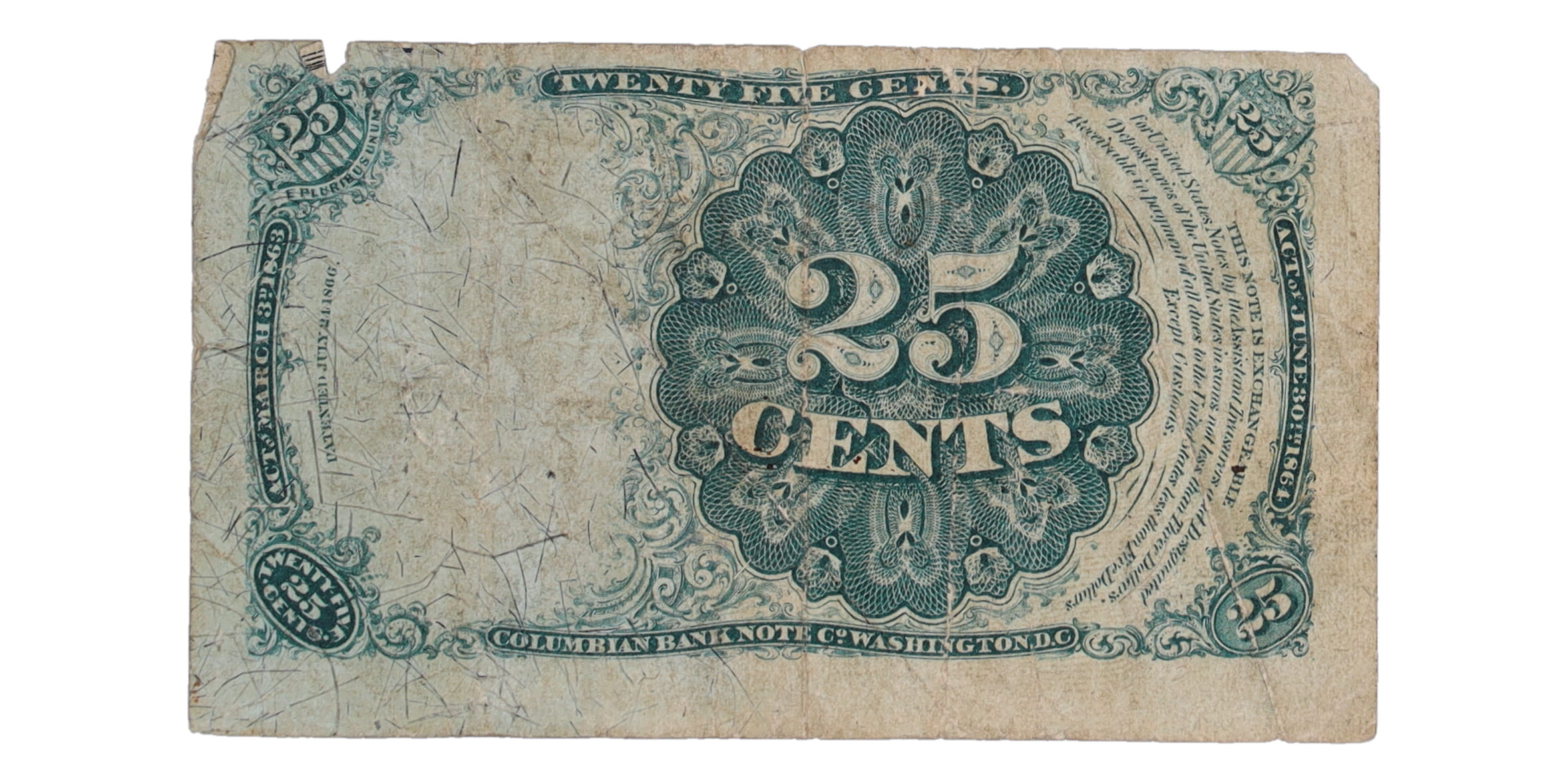 1874-76 United States 25¢ Twenty Five Cents Fractional Postage Currency at PristineAuction.com 1874-76 United States 25¢ Twenty Five Cents Fractional Postage Currency at PristineAuction.com