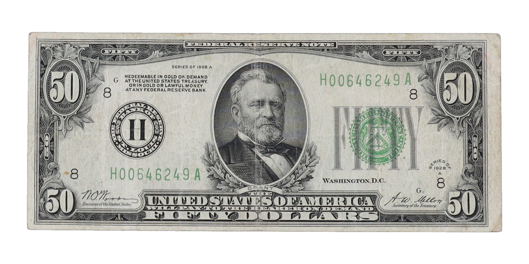 1928 $50 Fifty Dollar Green Seal U.S. Federal Reserve Note at PristineAuction.com 1928 $50 Fifty Dollar Green Seal U.S. Federal Reserve Note at PristineAuction.com