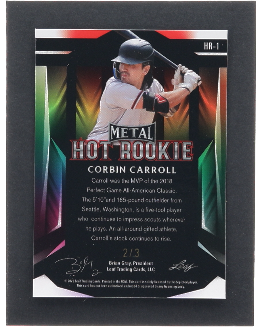 Corbin Carroll 2023 Leaf Metal Hot Rookie Mojo Green #HR1 RC #2/3 at PristineAuction.com Corbin Carroll 2023 Leaf Metal Hot Rookie Mojo Green #HR1 RC #2/3 at PristineAuction.com