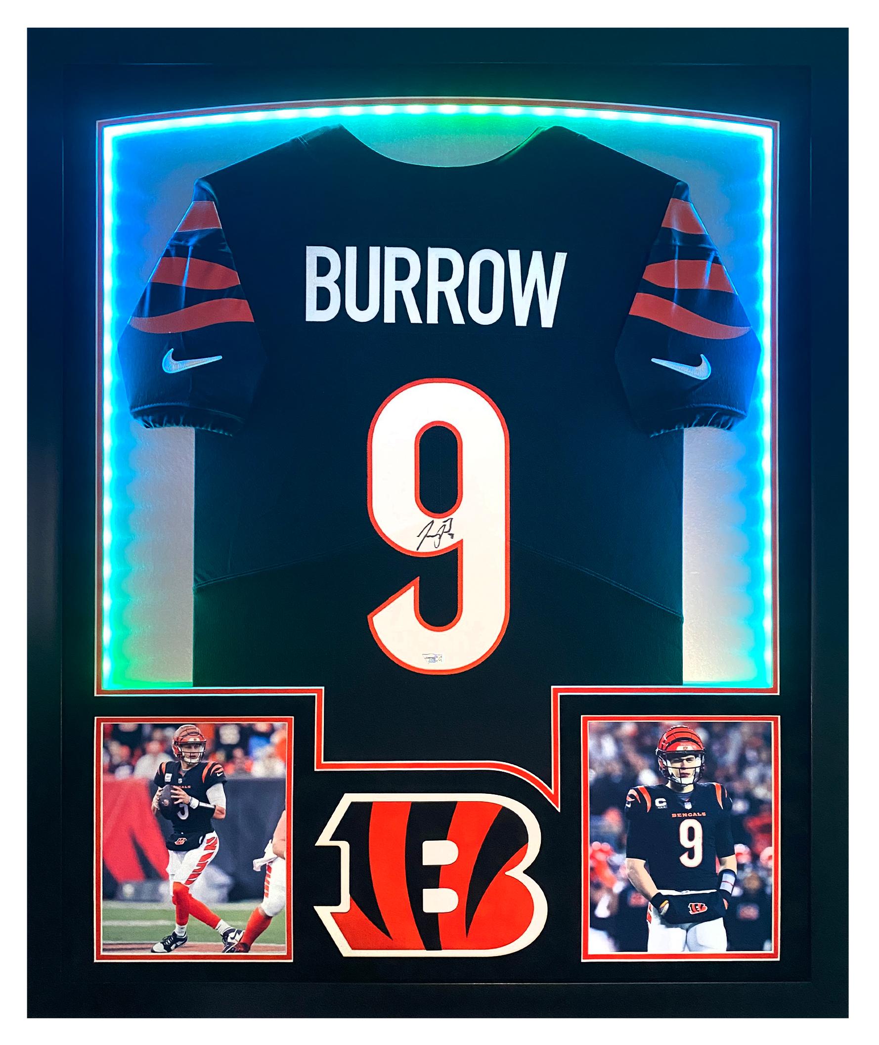 Joe Burrow Signed Bengals Custom Framed Nike Elite Jersey Display with LED Lights (Fanatics) at PristineAuction.com Joe Burrow Signed Bengals Custom Framed Nike Elite Jersey Display with LED Lights (Fanatics) at PristineAuction.com
